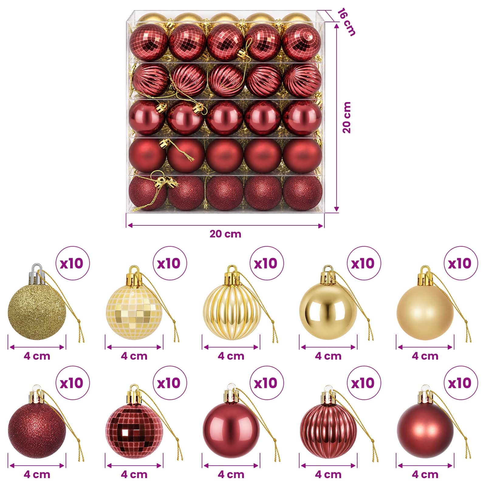Set di Palline di Natale 100 pz Oro e rosso vino 4 cm