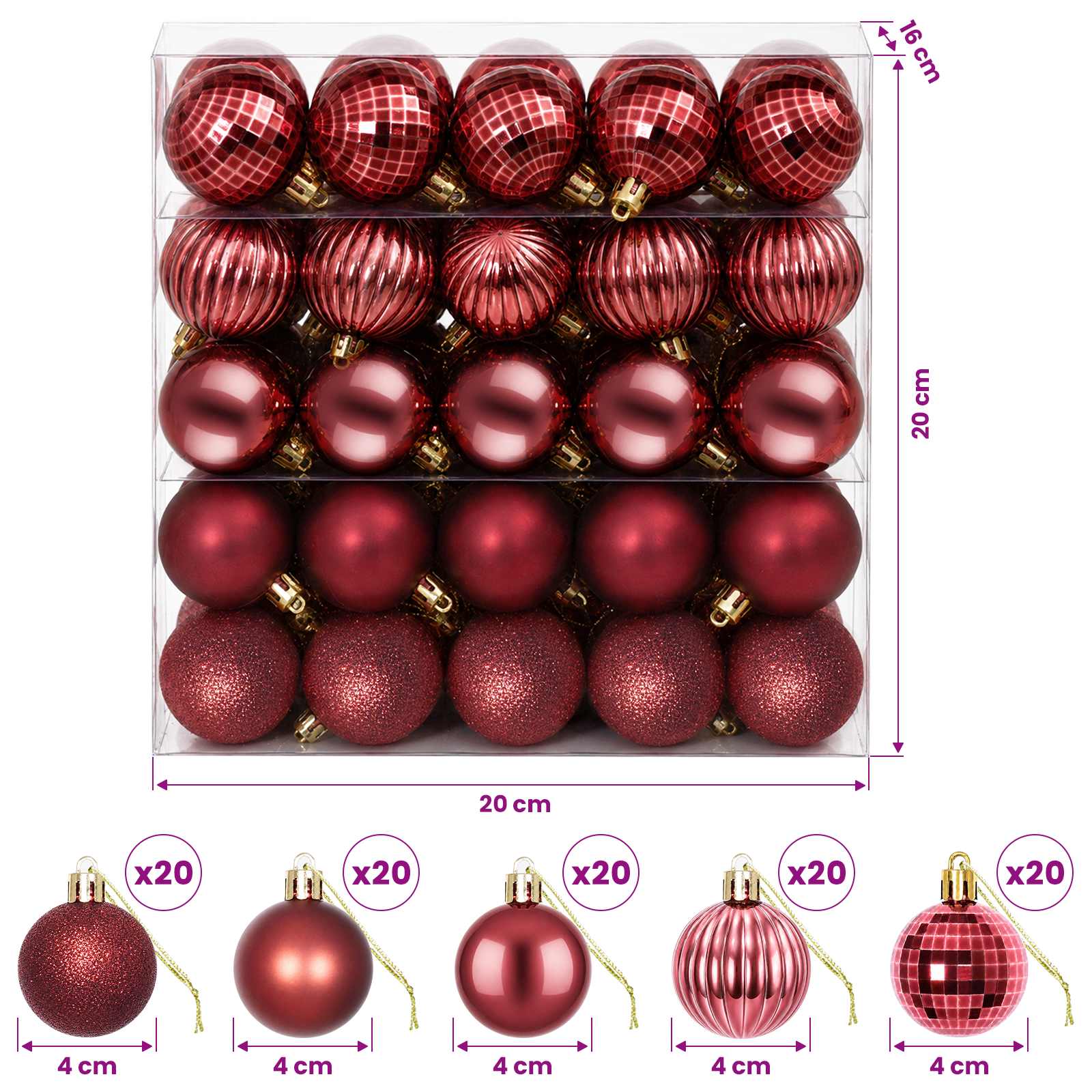 Set di Palline di Natale 100 pz Rosso Vino 4 cm Polistirolo