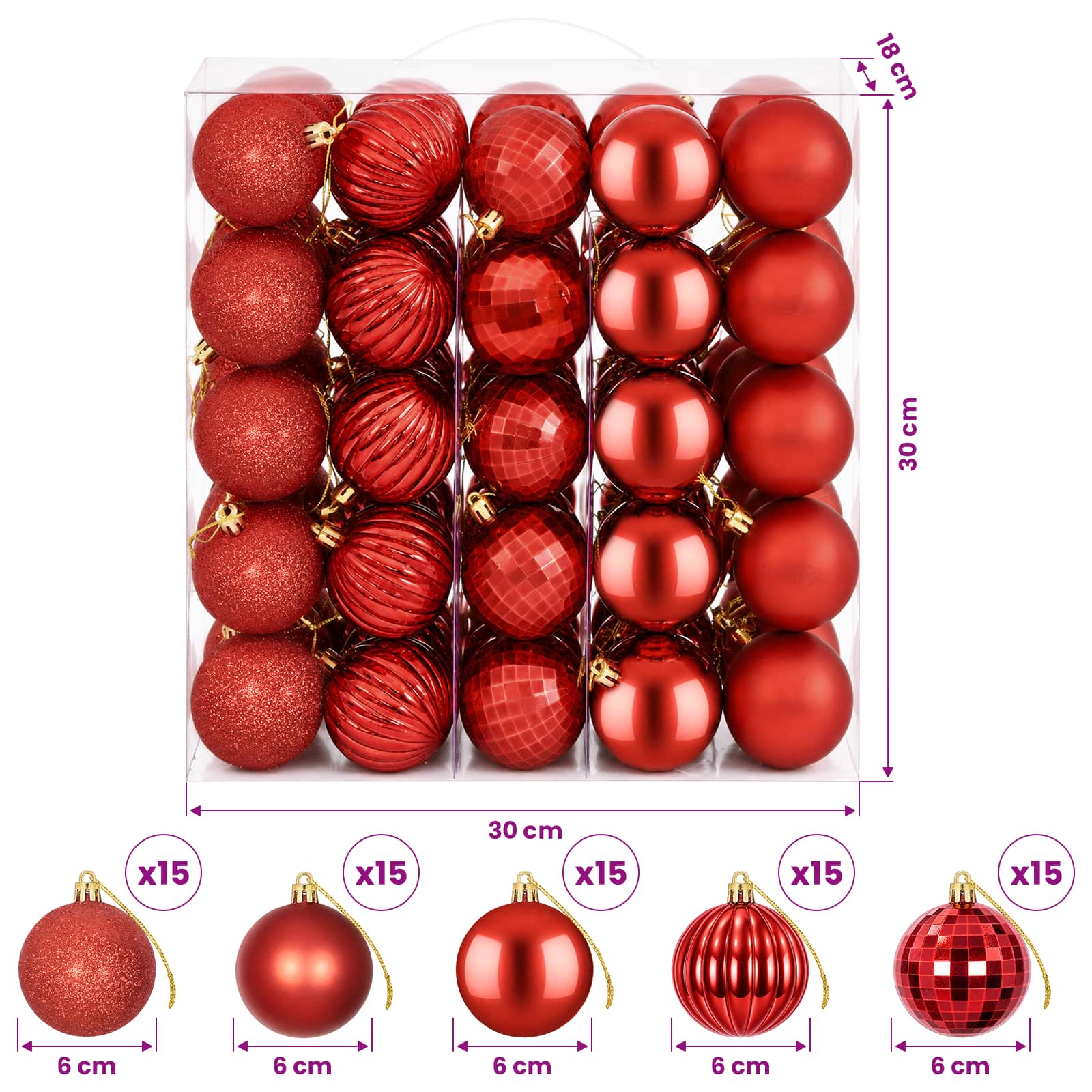 Set di Palline di Natale 75 pz Rosso 6 cm Polistirolo