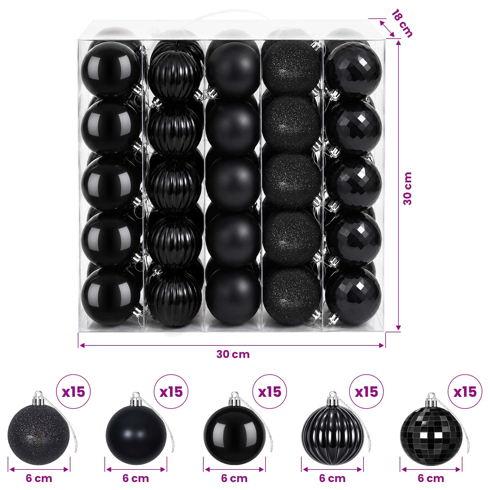 Set di Palline di Natale 75 pz Nero 6 cm Polistirolo