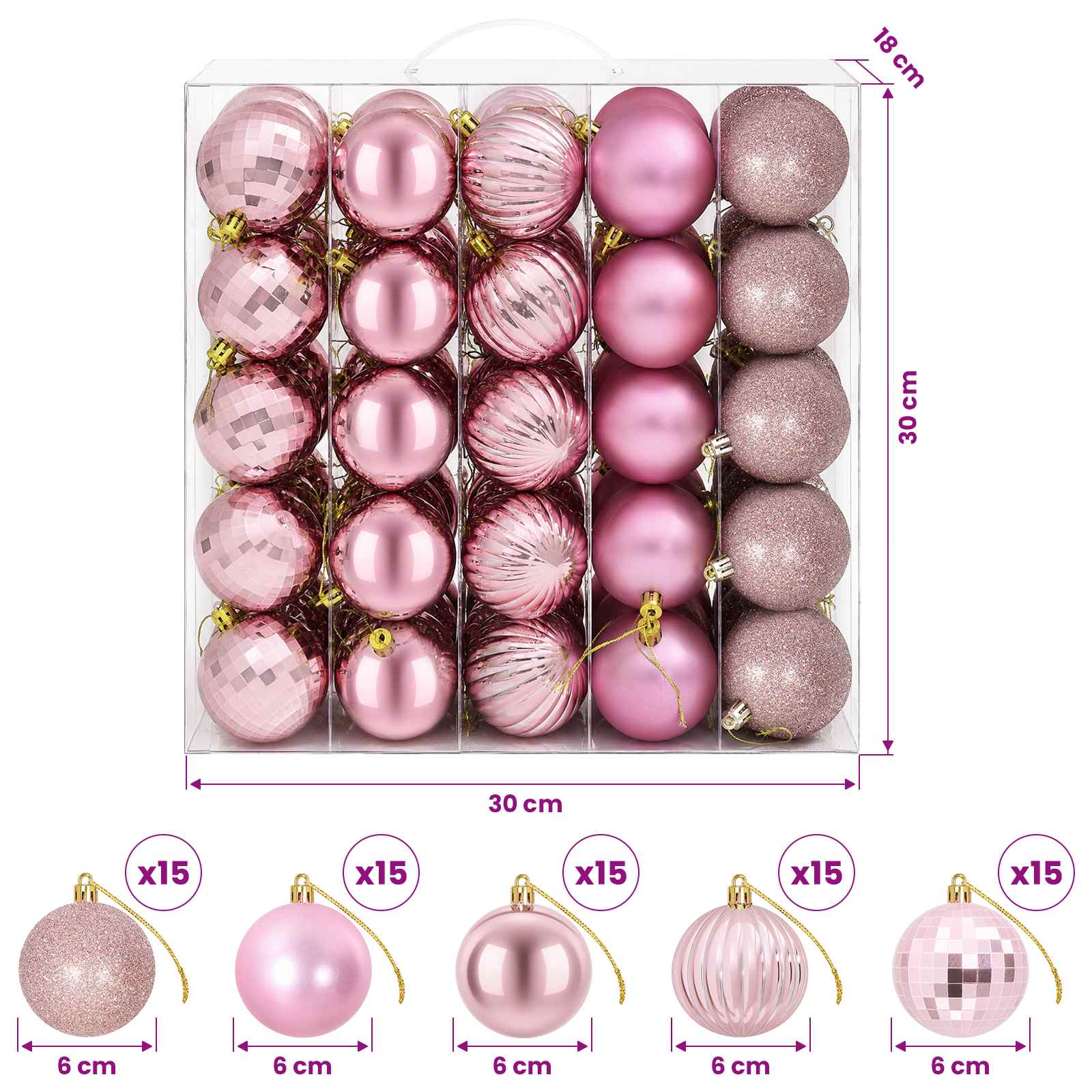 Set di Palline di Natale 75 pz Rosa 6 cm Polistirolo