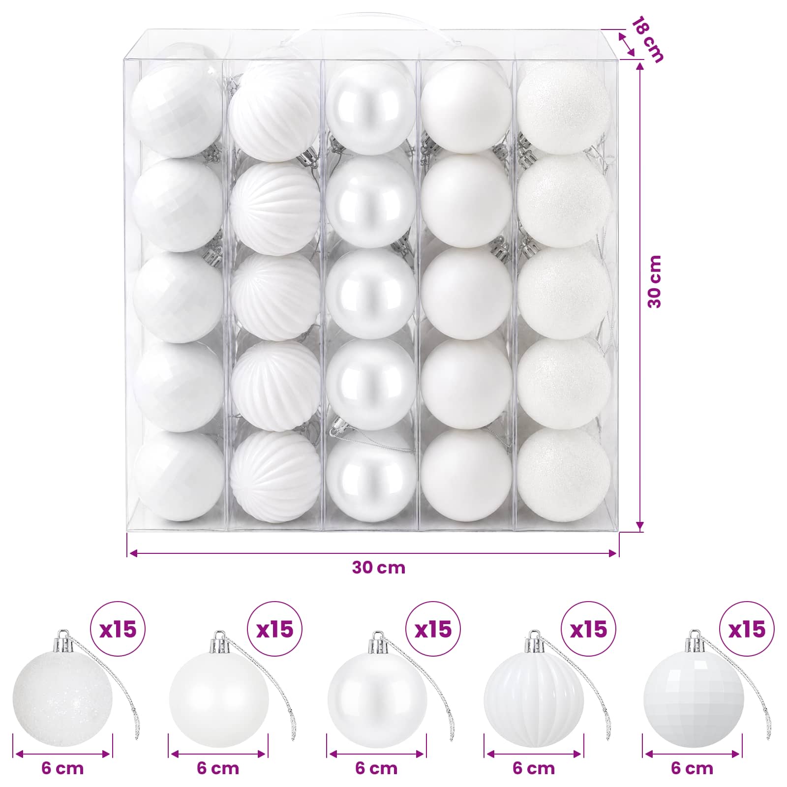 Set di Palline di Natale 75 pz Bianco 6 cm Polistirolo