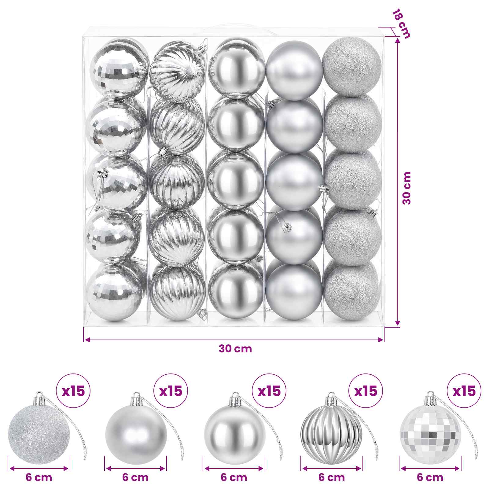 Set di Palline di Natale 75 pz Argento 6 cm Polistirolo