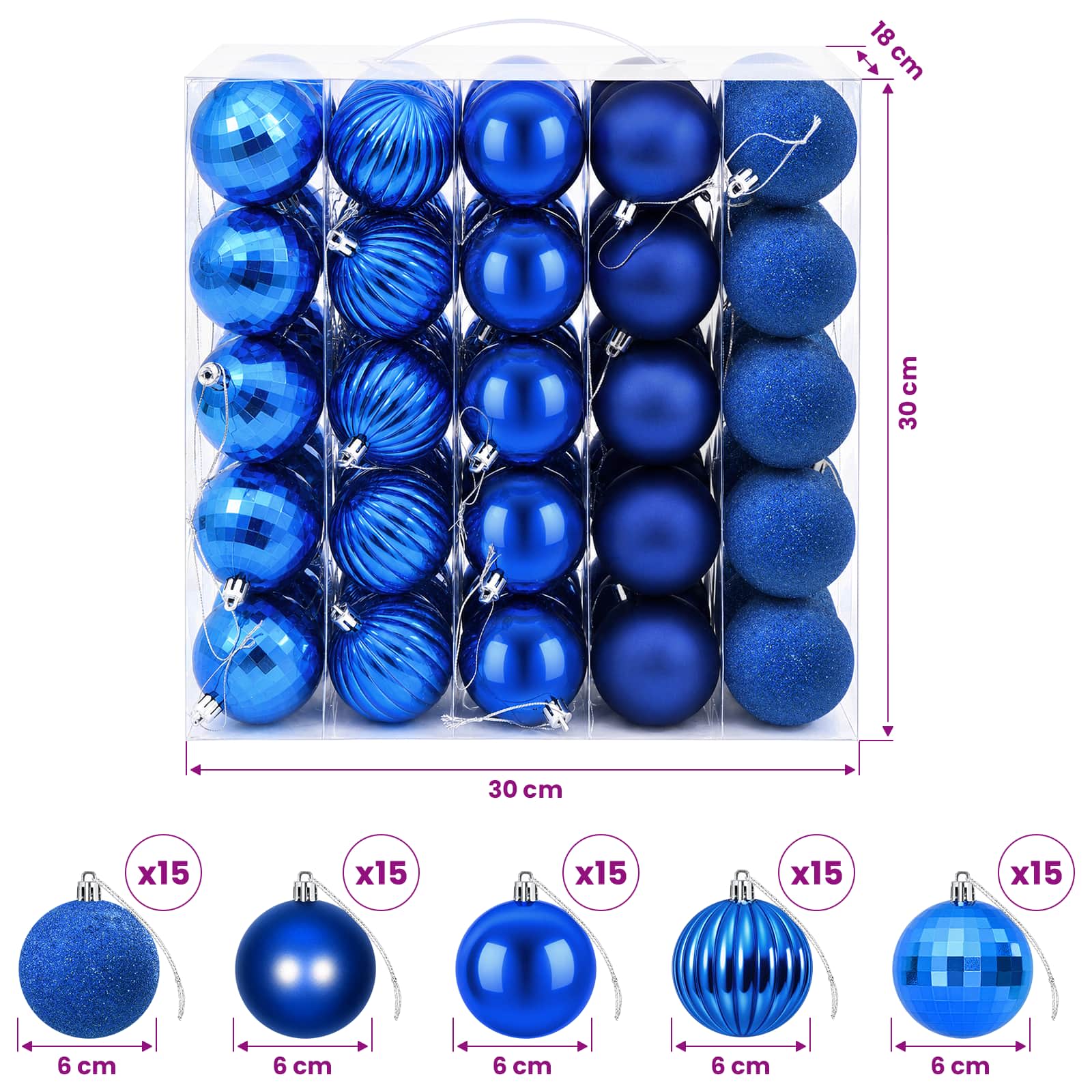 Set di Palline di Natale 75 pz Blu 6 cm Polistirolo