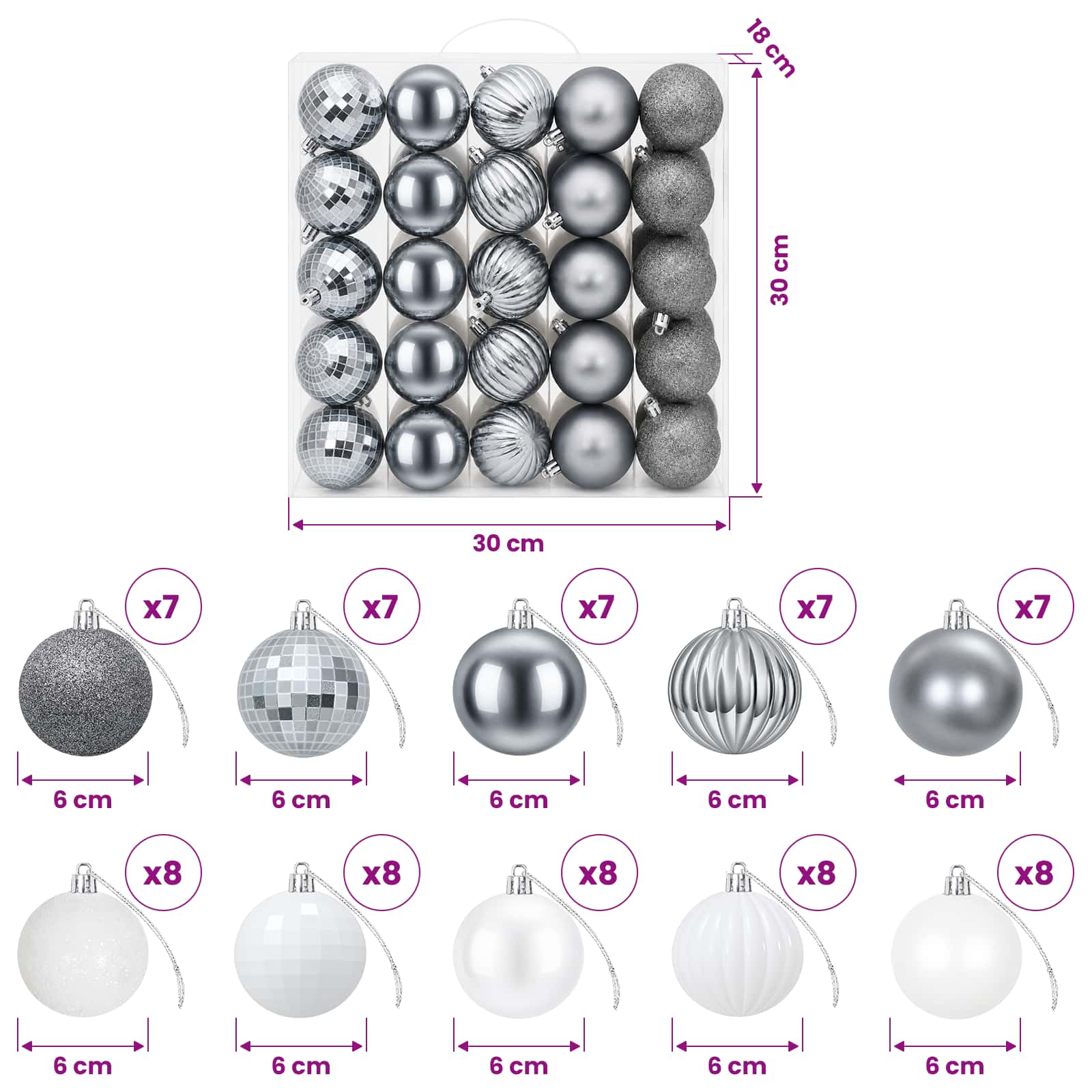 Set di Palline di Natale 75 pz Bianco e Grigio 6 cm Polistirolo