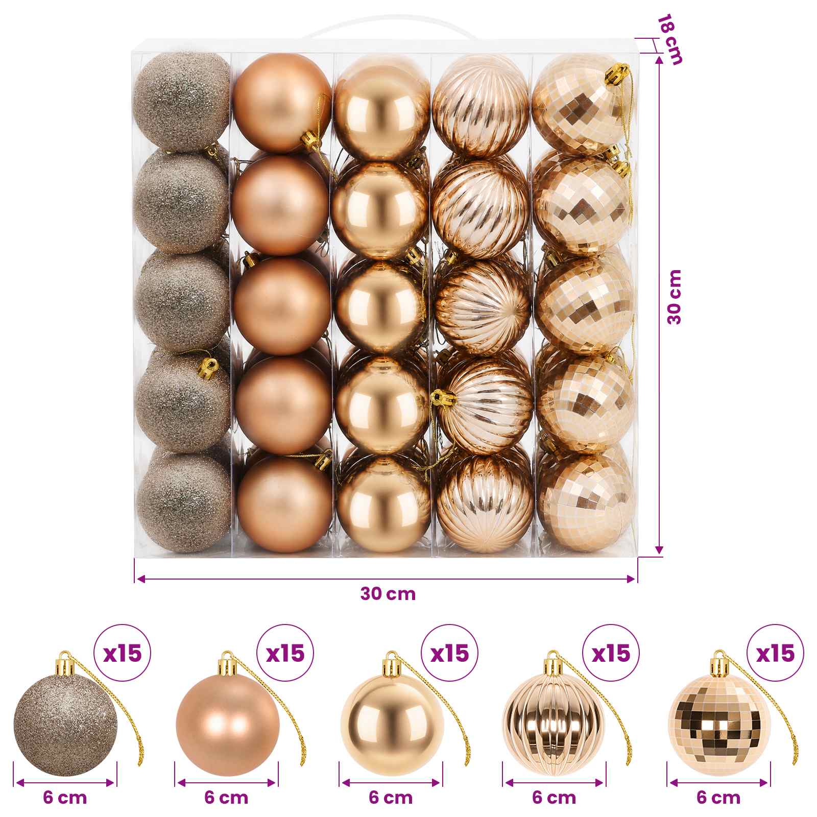 Set di Palline di Natale 75 pz Oro rosa 6 cm Polistirolo