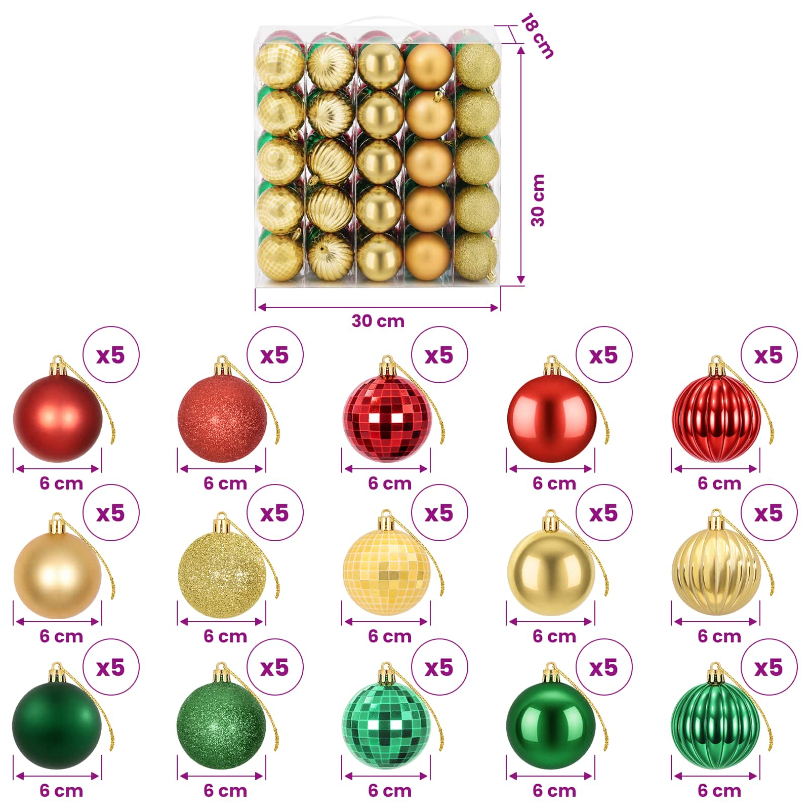 Set di Palline di Natale 75 pz Rosso, oro e verde 6 cm
