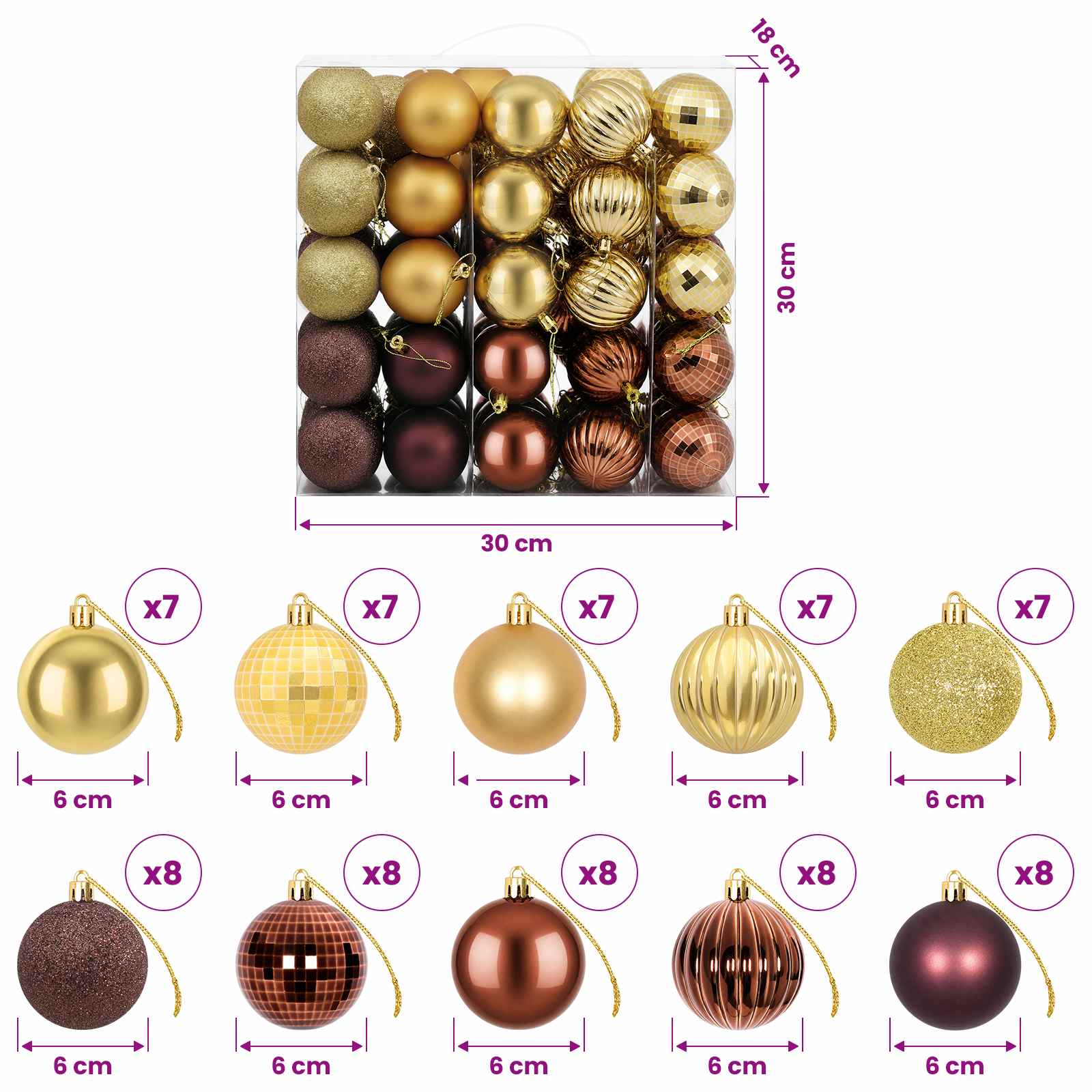 Set di Palline di Natale 75 pz Marrone e oro 6 cm Polistirolo