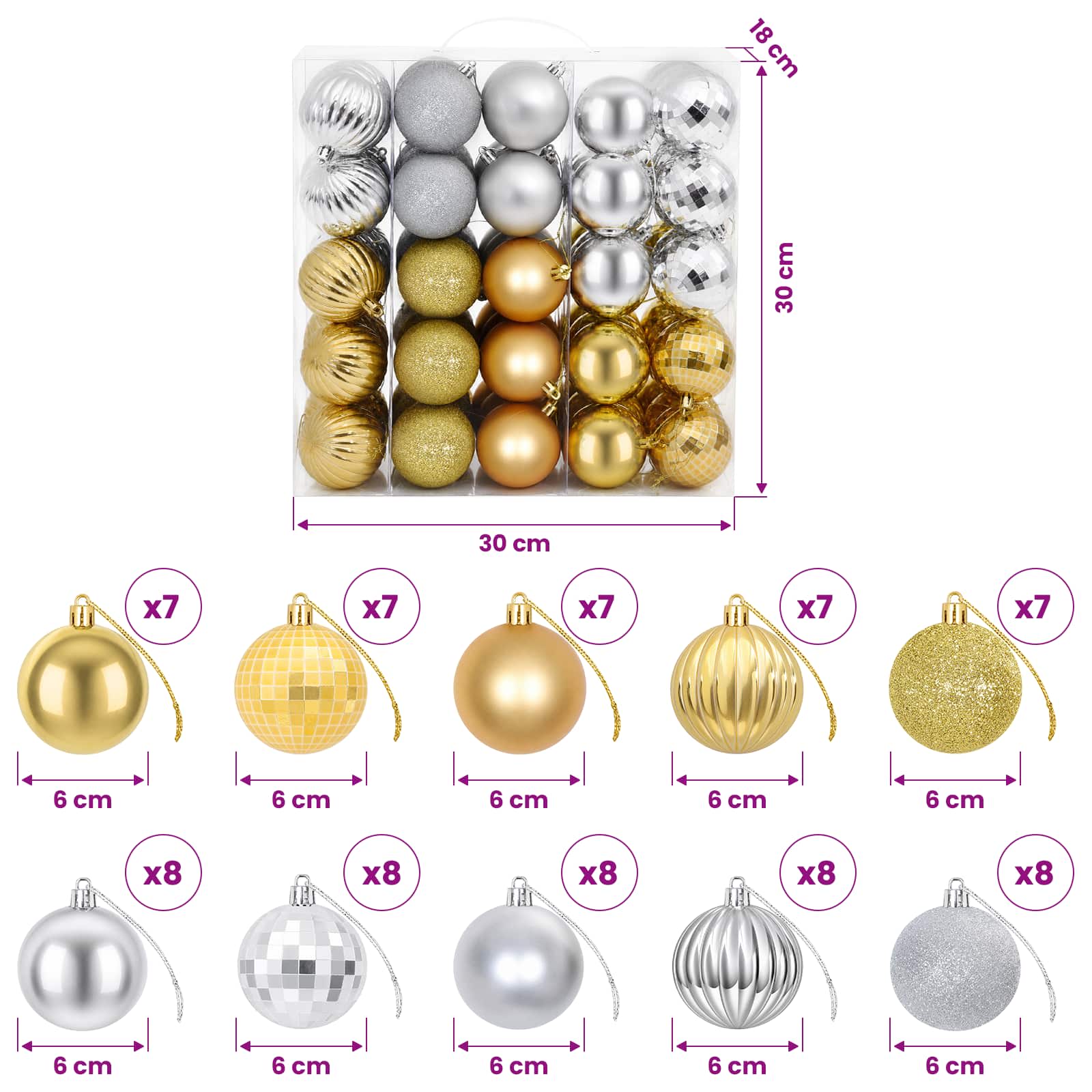 Set di Palline di Natale 75 pz Argento e oro 6 cm Polistirolo