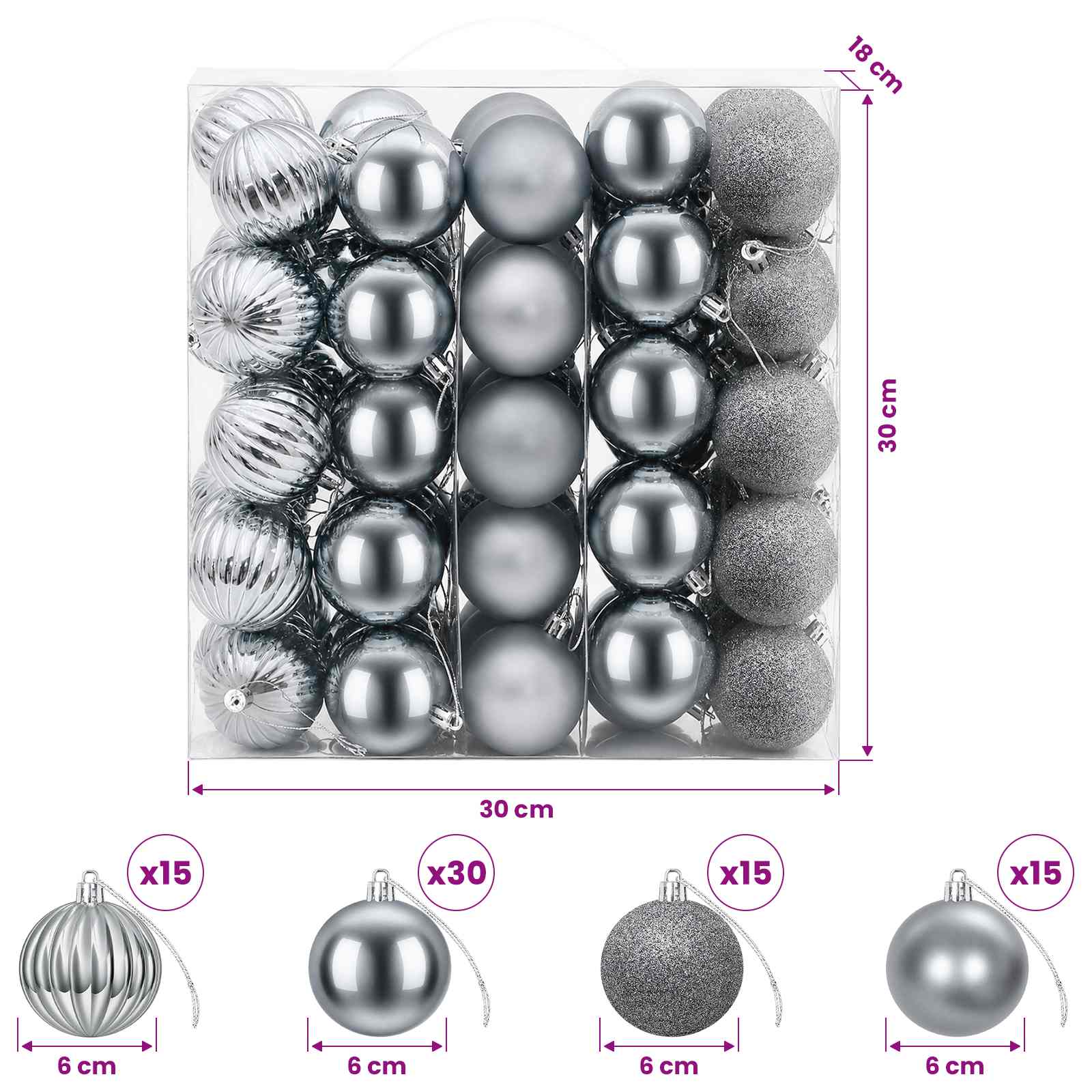 Set di Palline di Natale 75 pz Grigio 6 cm Polistirolo