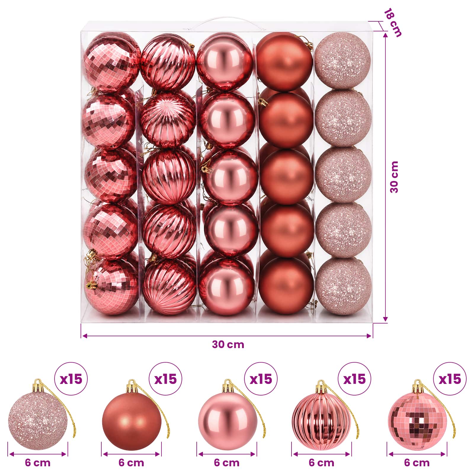 Set di Palline di Natale 75 pz Rosa e rosè 6 cm Polistirolo
