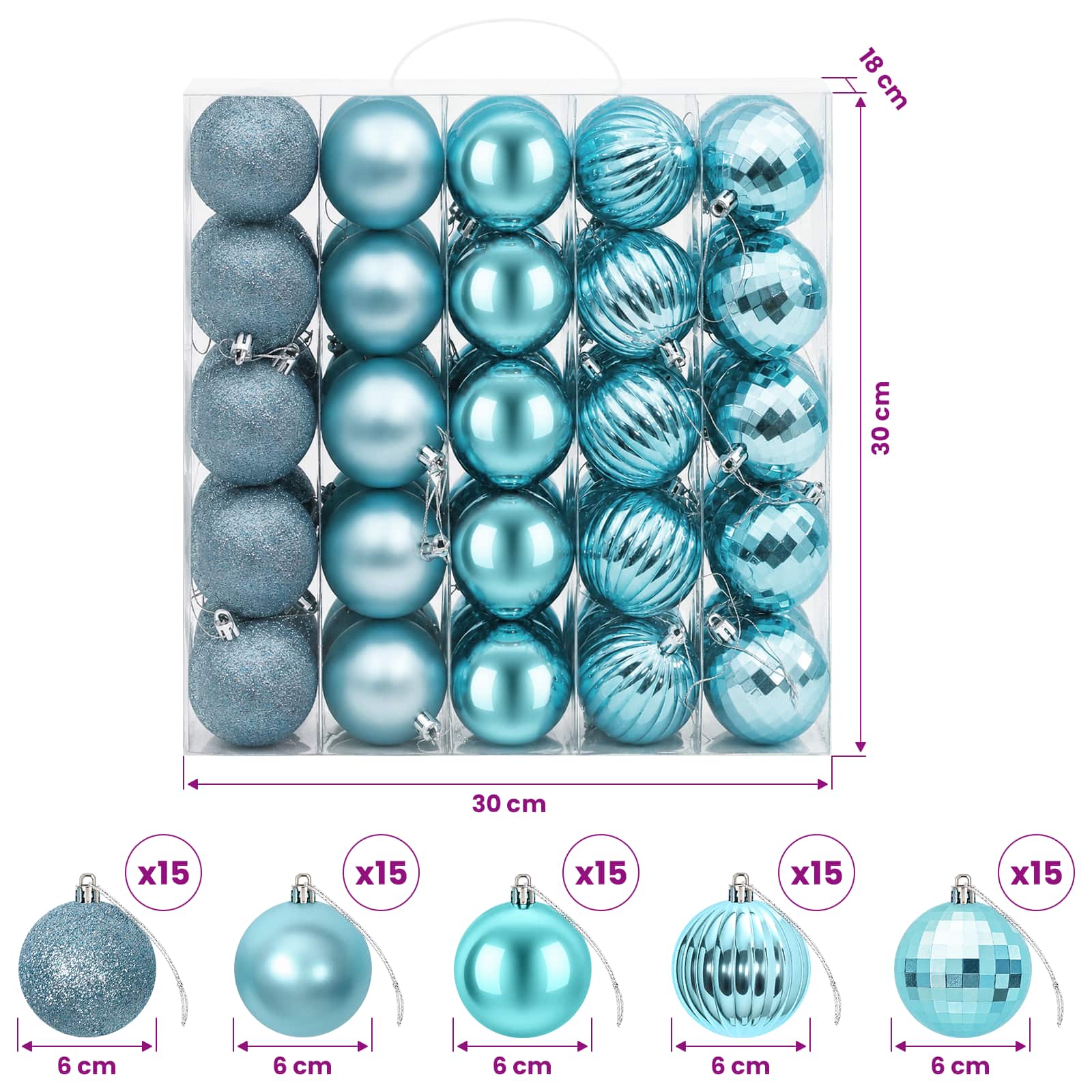 Set di Palline di Natale 75 pz Turchese 6 cm Polistirolo