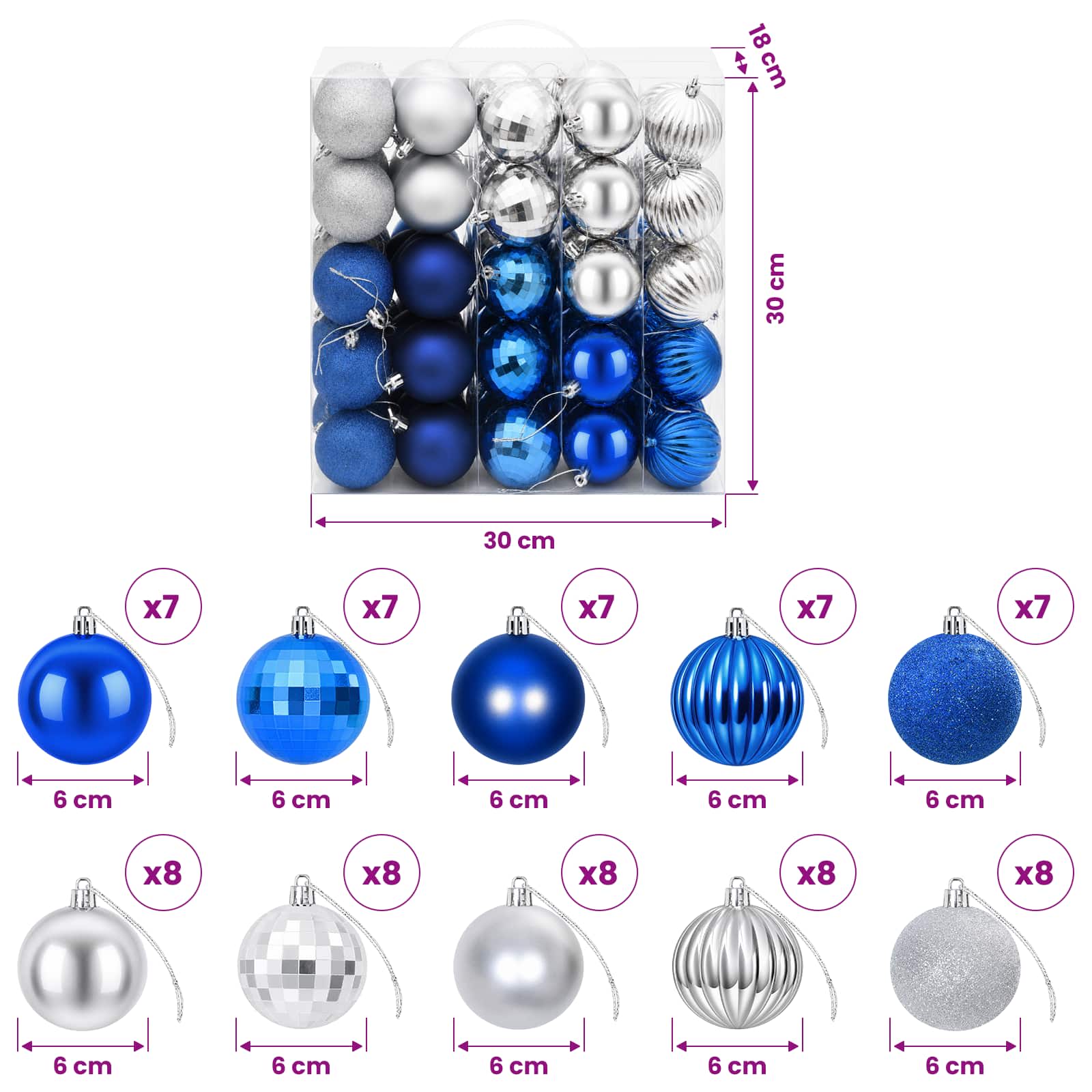 Set di Palline di Natale 75 pz Blu e argento 6 cm Polistirolo