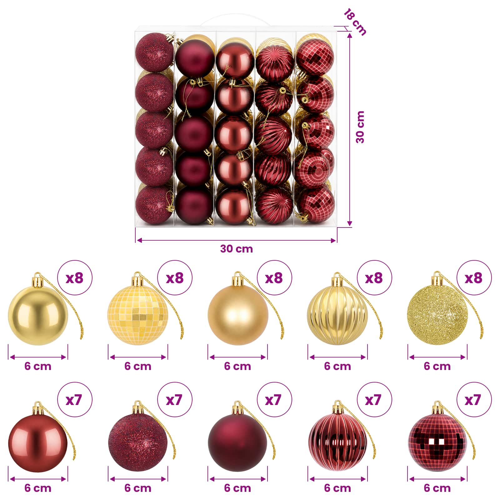 Set di Palline di Natale 75 pz Oro e rosso vino 6 cm