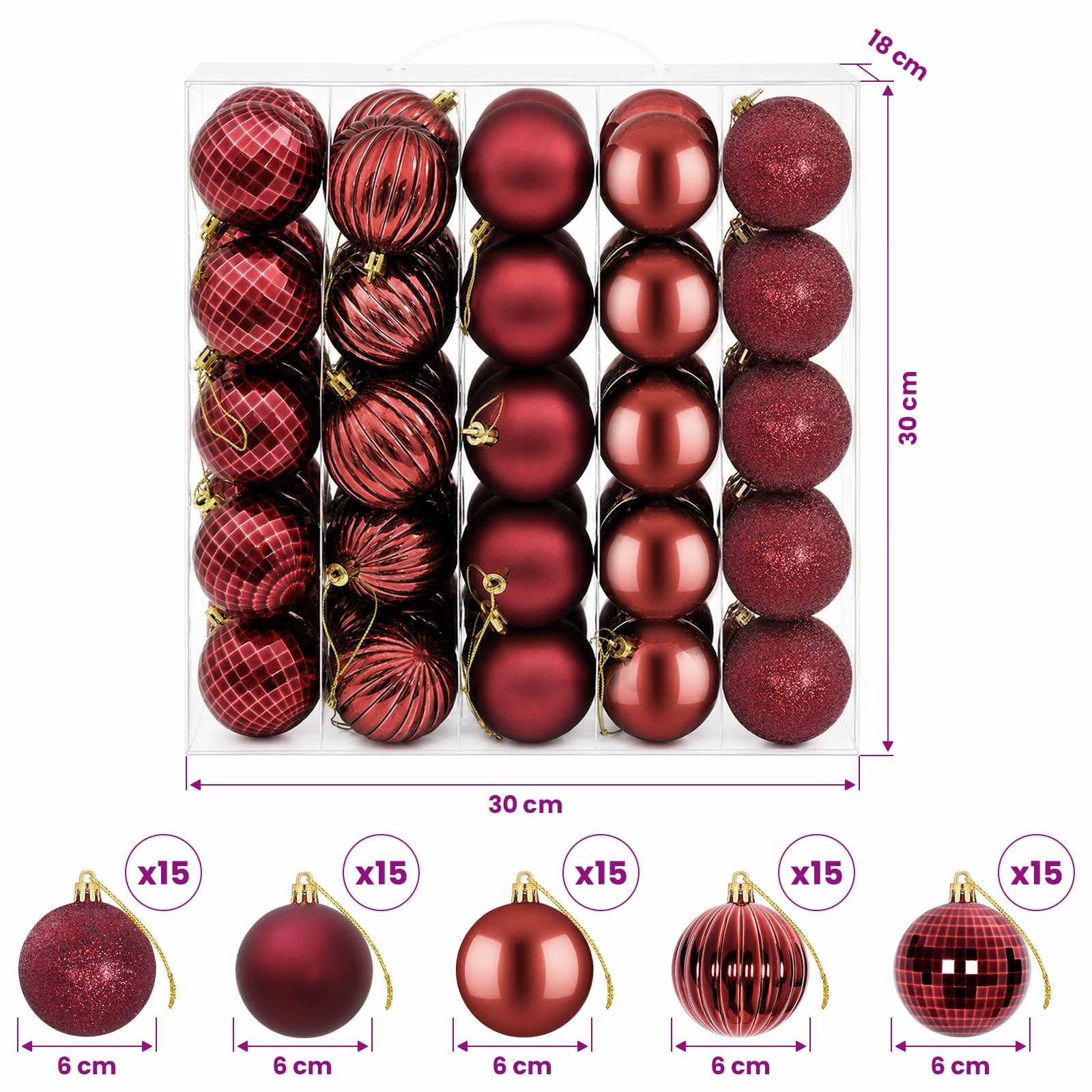 Set di Palline di Natale 75 pz Rosso Vino 6 cm Polistirolo