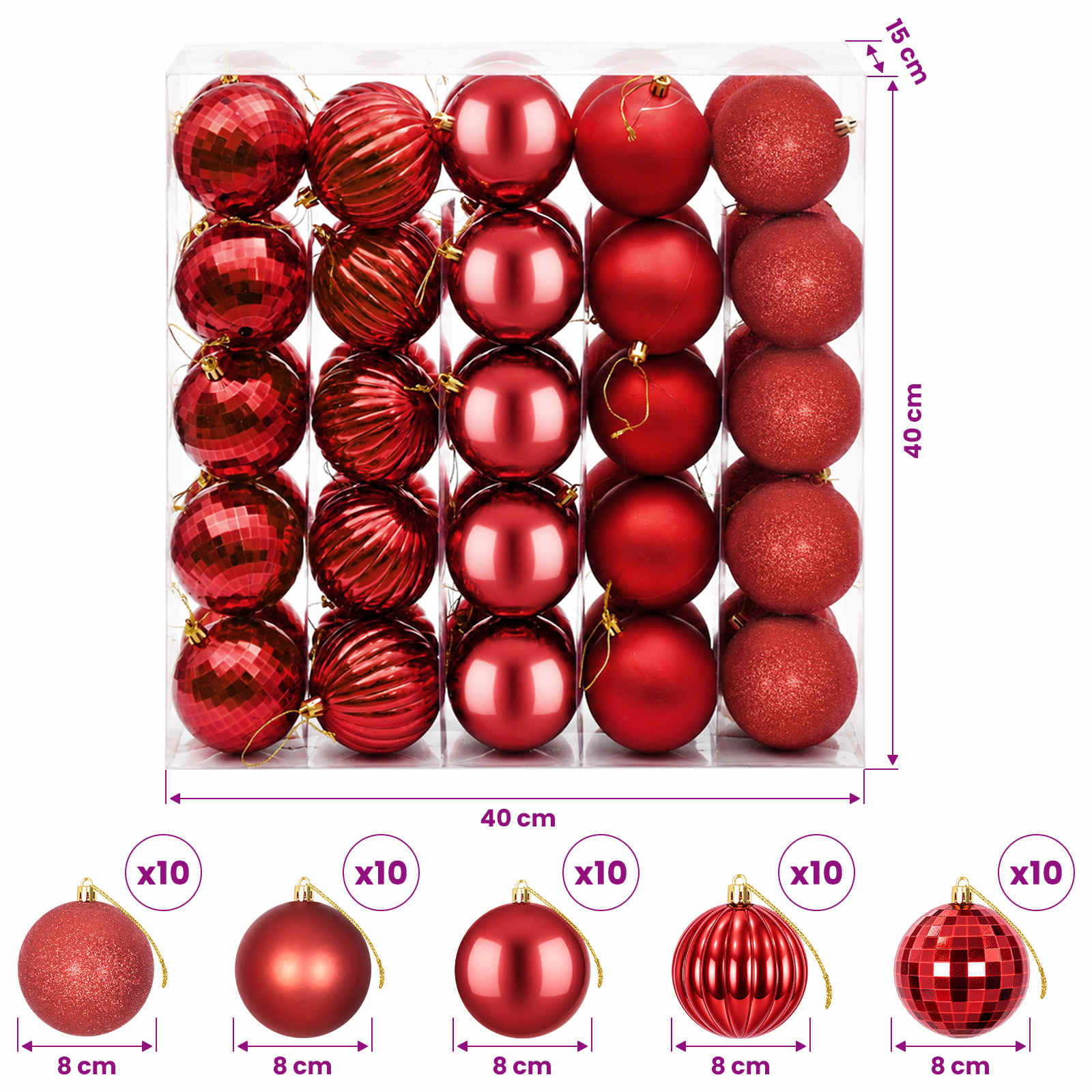 Set di Palline di Natale 50 pz Rosso 8 cm Polistirolo