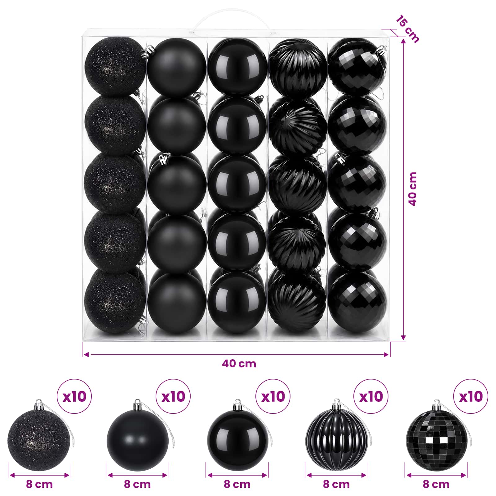 Set di Palline di Natale 50 pz Nero 8 cm Polistirolo