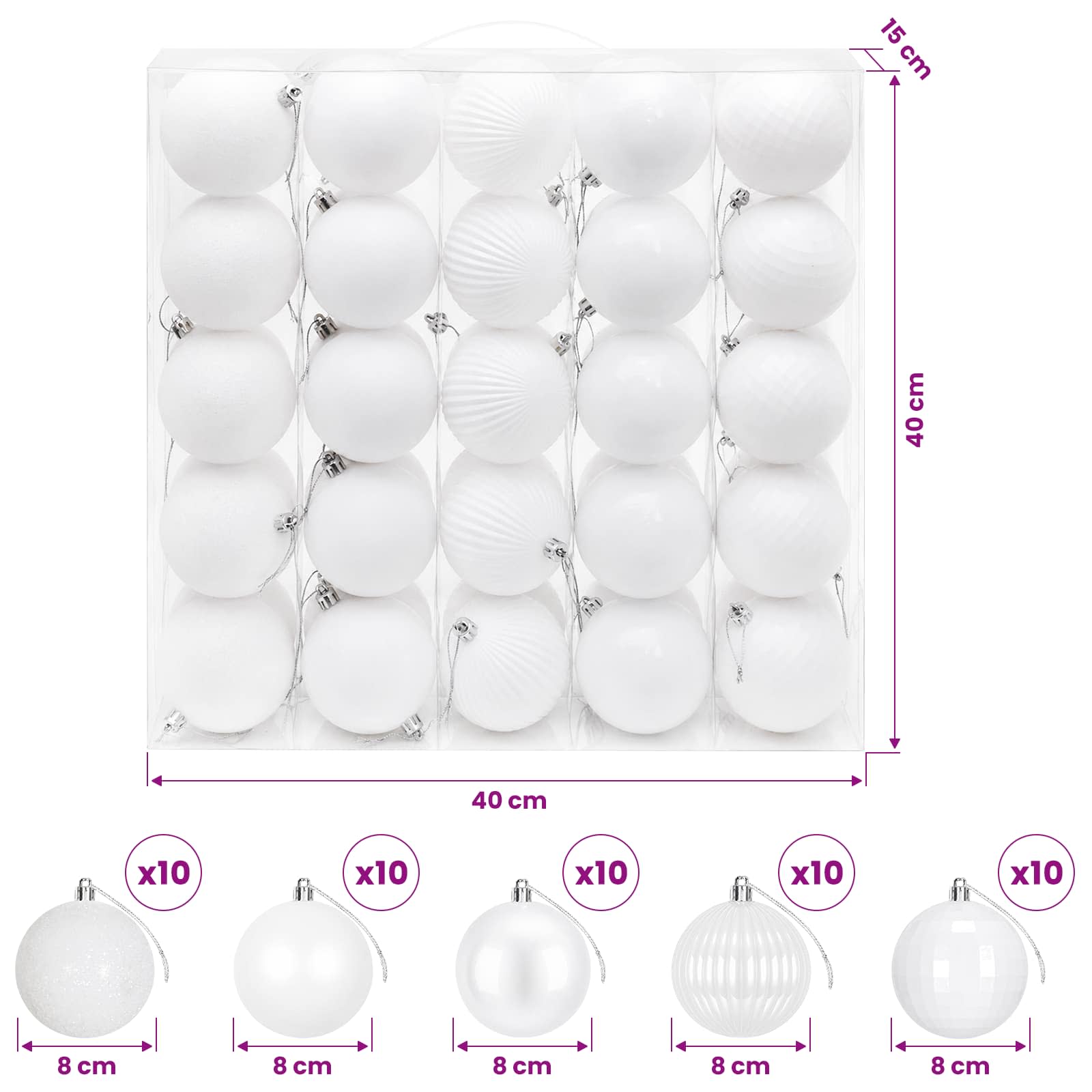 Set di Palline di Natale 50 pz Bianco 8 cm Polistirolo