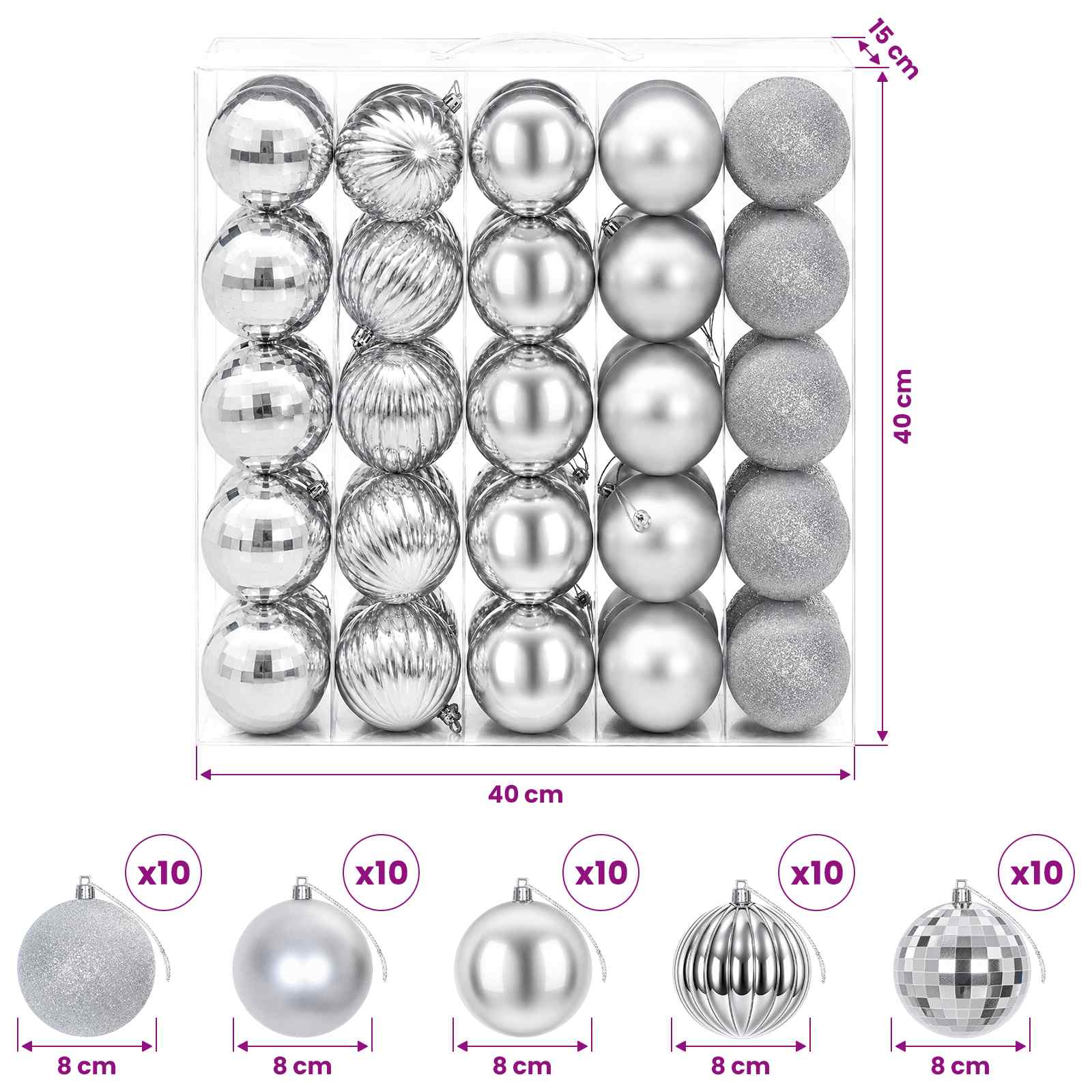 Set di Palline di Natale 50 pz Argento 8 cm Polistirolo