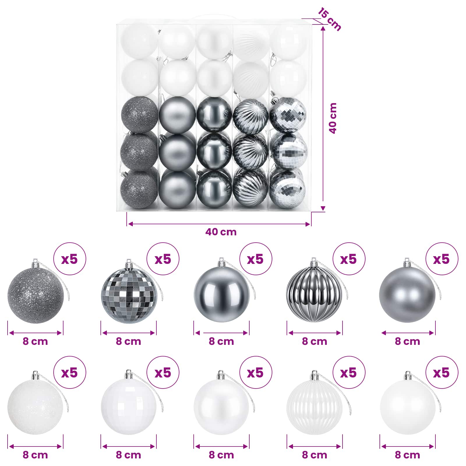 Set di Palline di Natale 50 pz Bianco e Grigio 8 cm Polistirolo