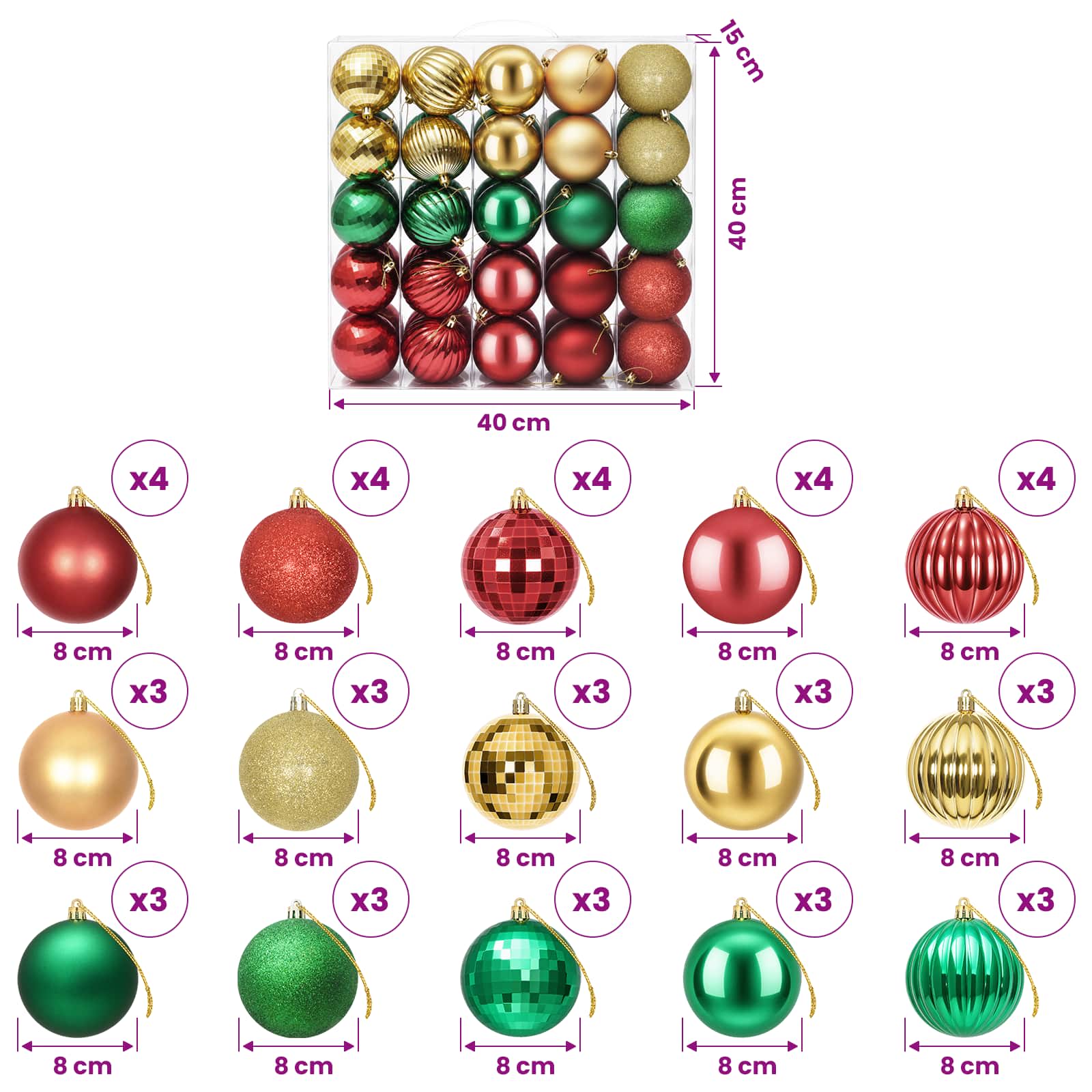Set di Palline di Natale 50 pz Rosso, oro e verde 8 cm