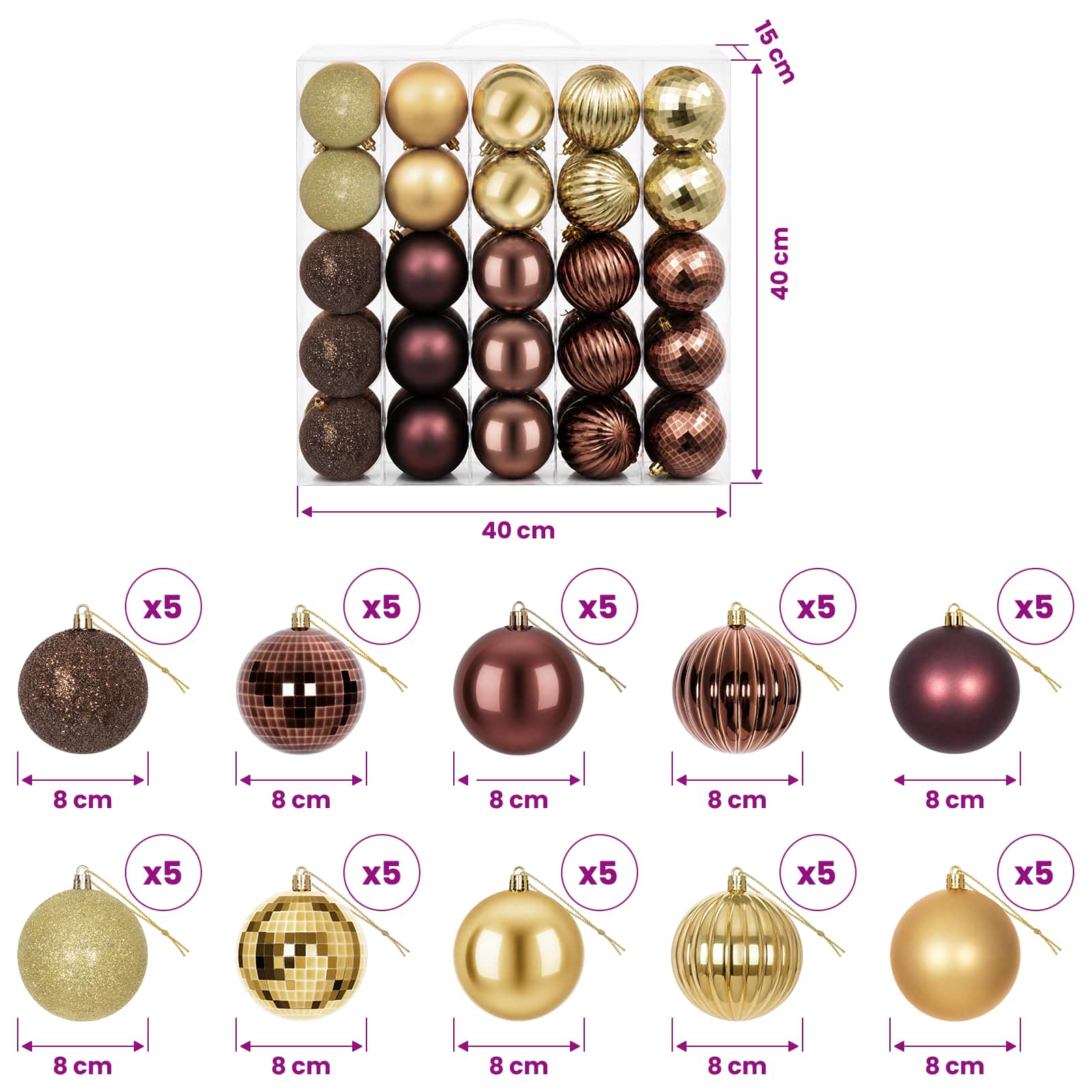 Set di Palline di Natale 50 pz Marrone e oro 8 cm Polistirolo