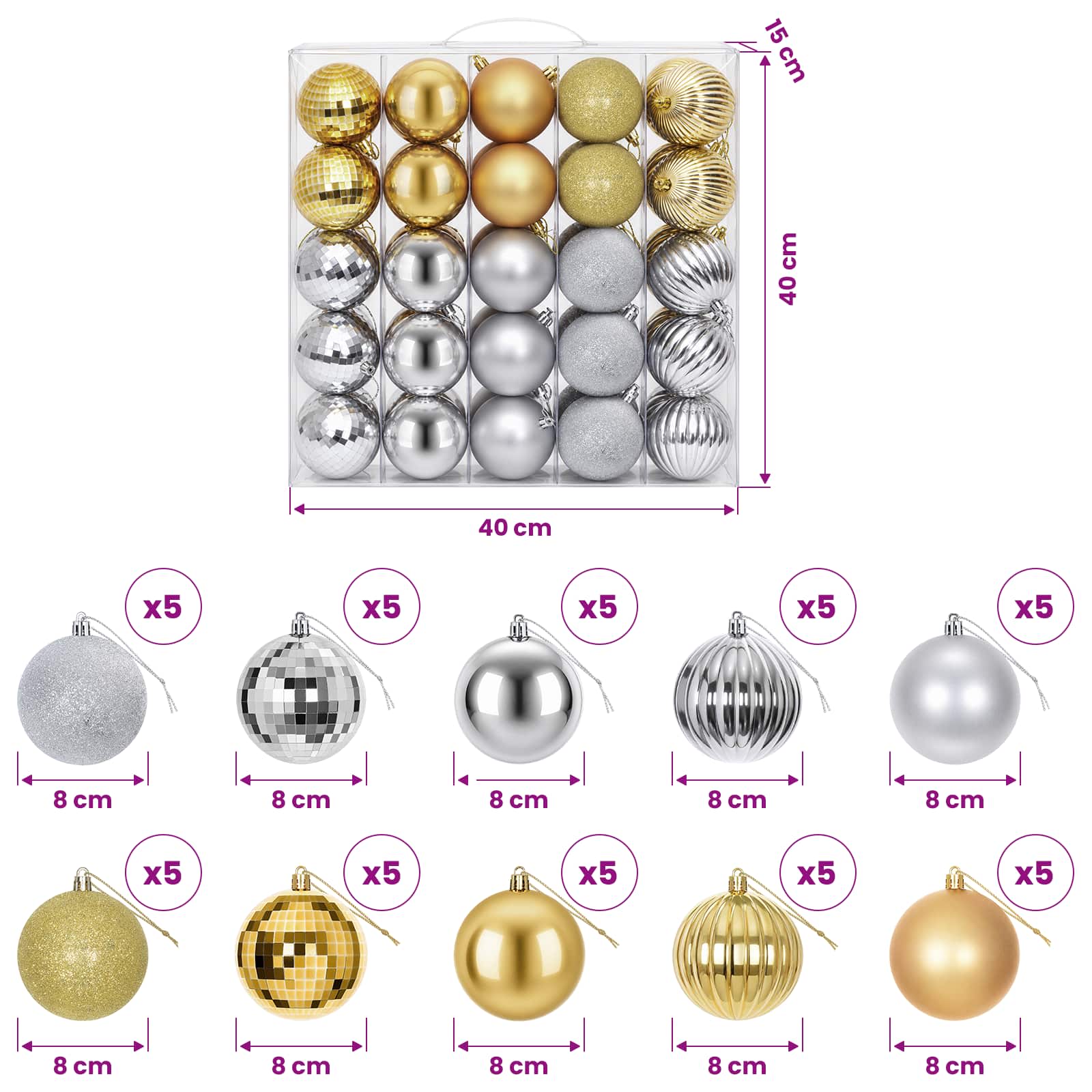 Set di Palline di Natale 50 pz Argento e oro 8 cm Polistirolo
