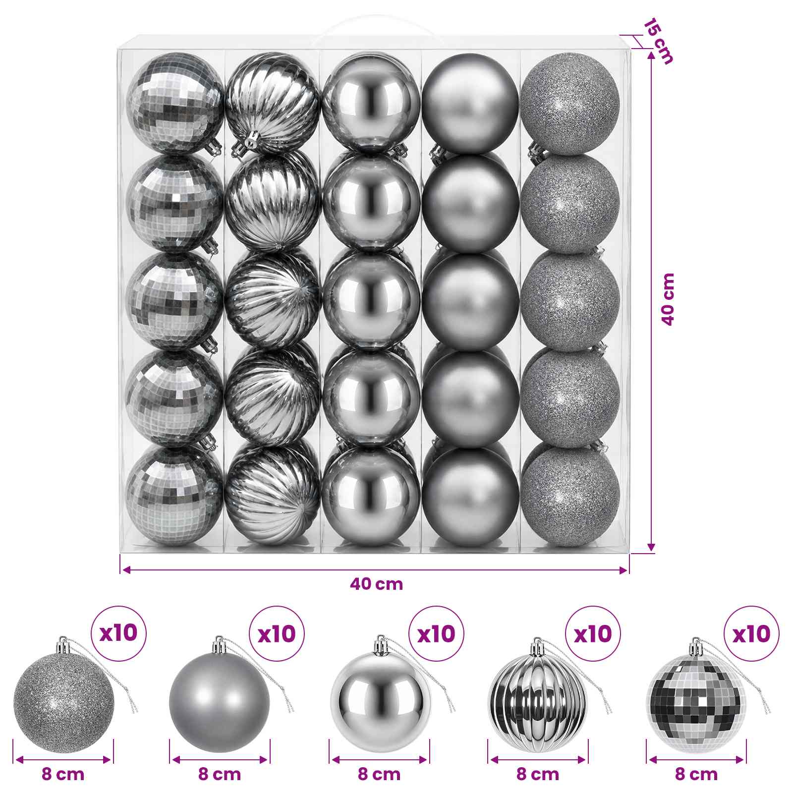 Set di Palline di Natale 50 pz Grigio 8 cm Polistirolo