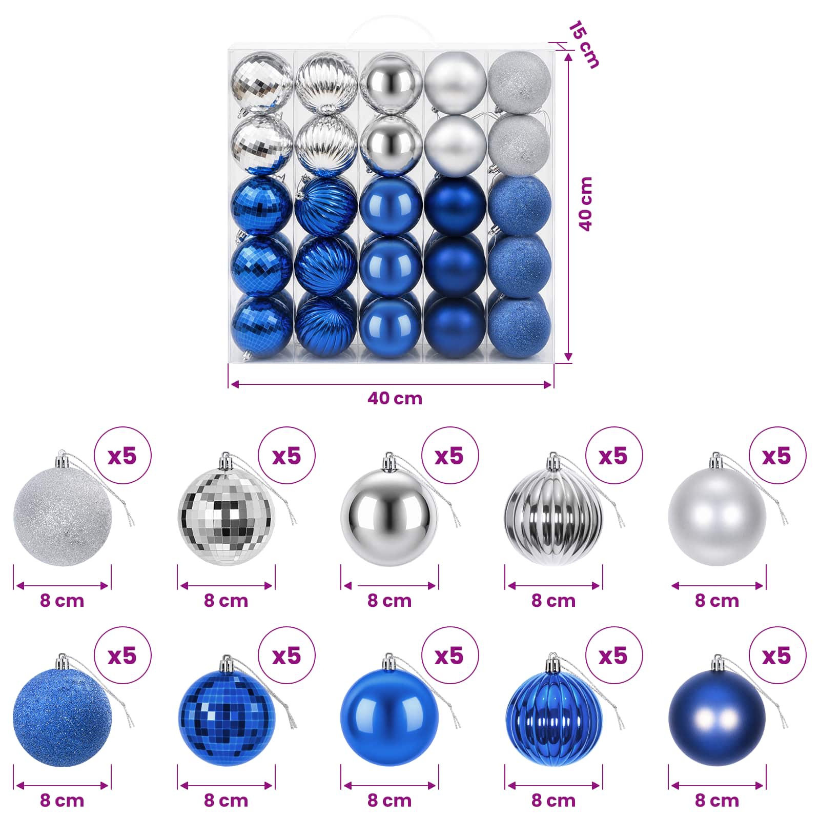 Set di Palline di Natale 50 pz Blu e argento 8 cm Polistirolo