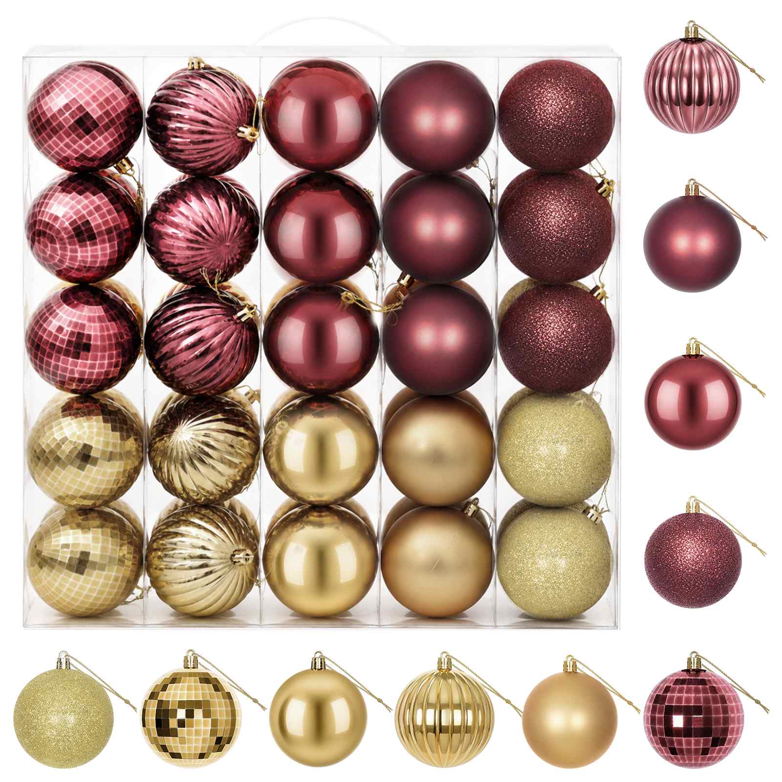 Set di Palline di Natale 50 pz Oro e rosso vino 8 cm