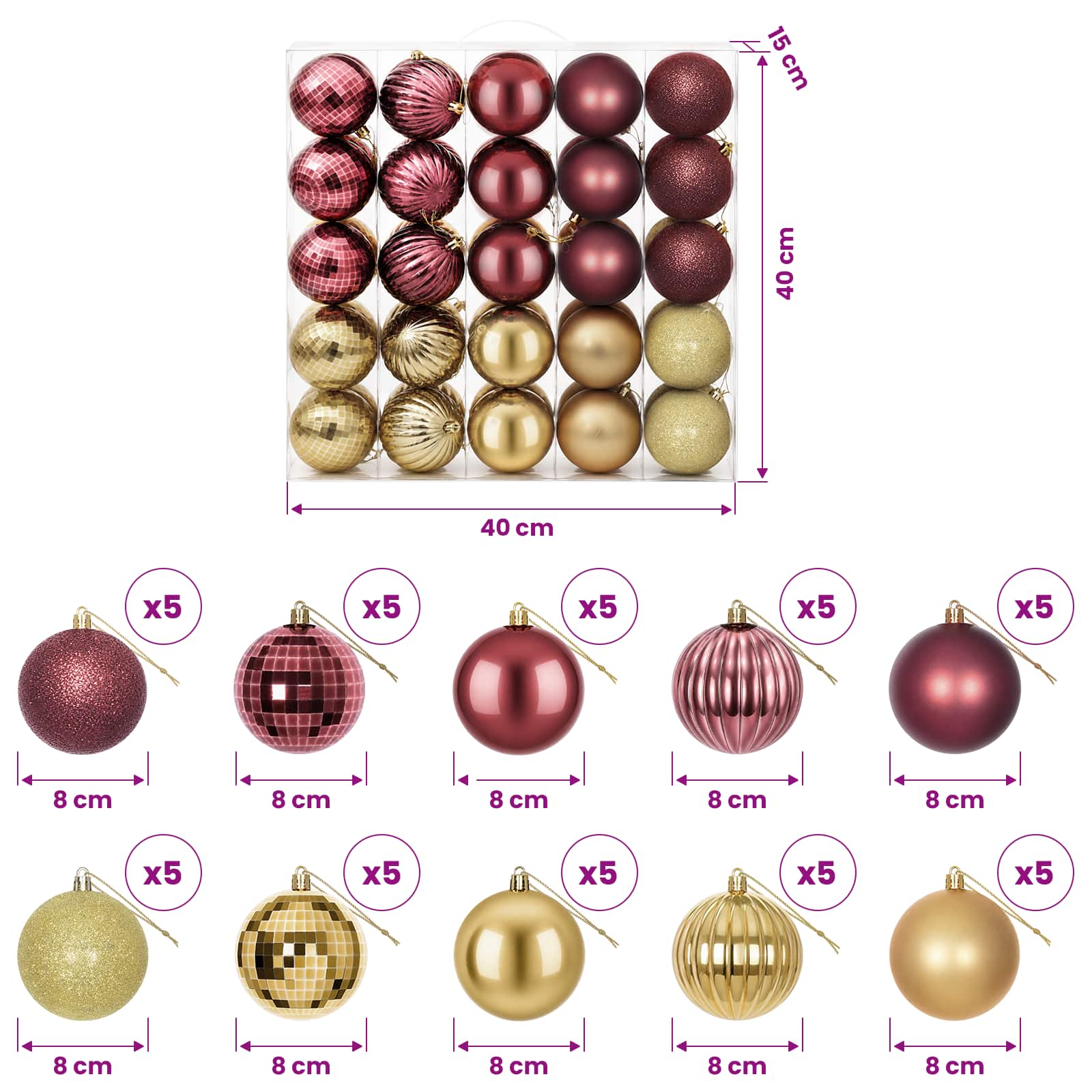 Set di Palline di Natale 50 pz Oro e rosso vino 8 cm
