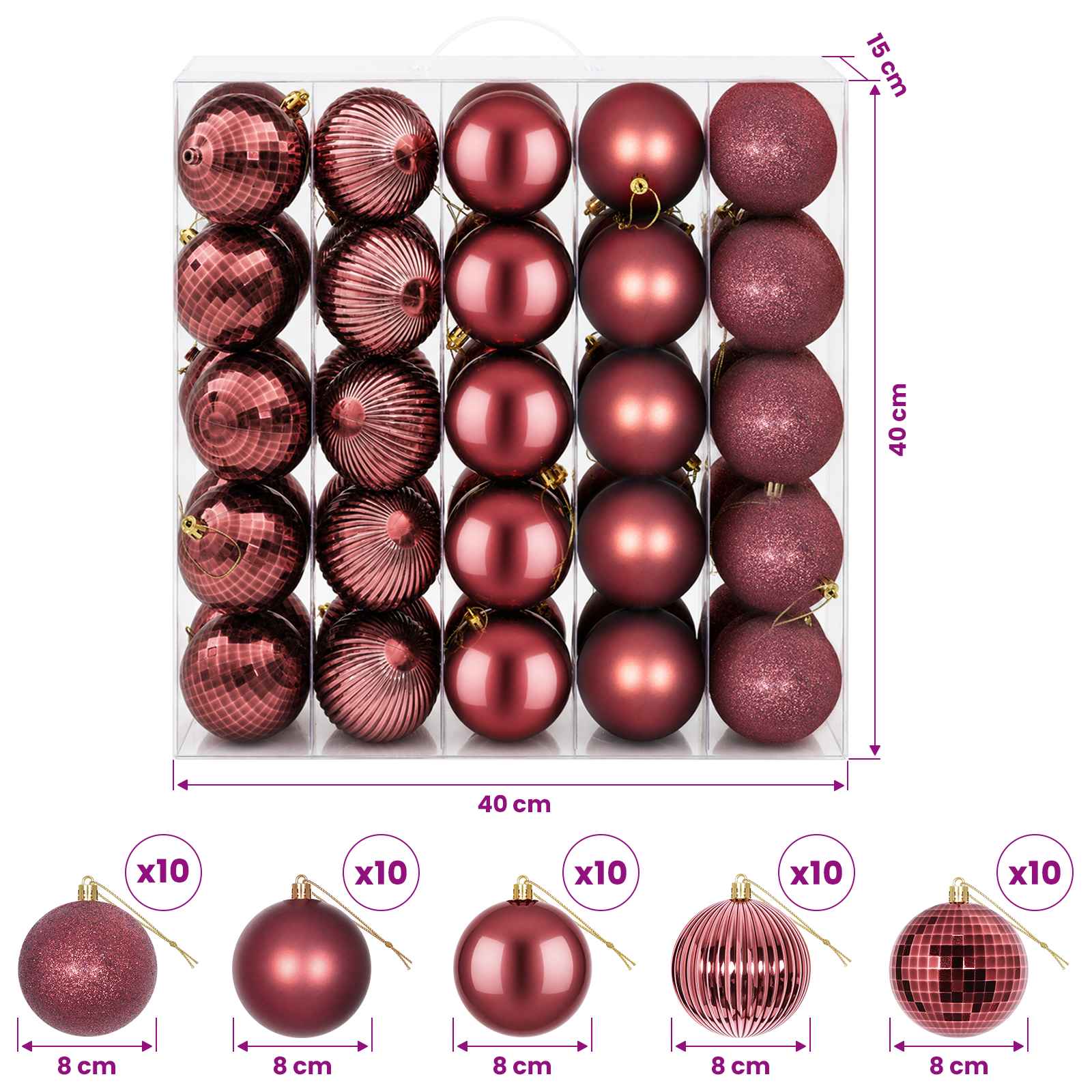 Set di Palline di Natale 50 pz Rosso Vino 8 cm Polistirolo