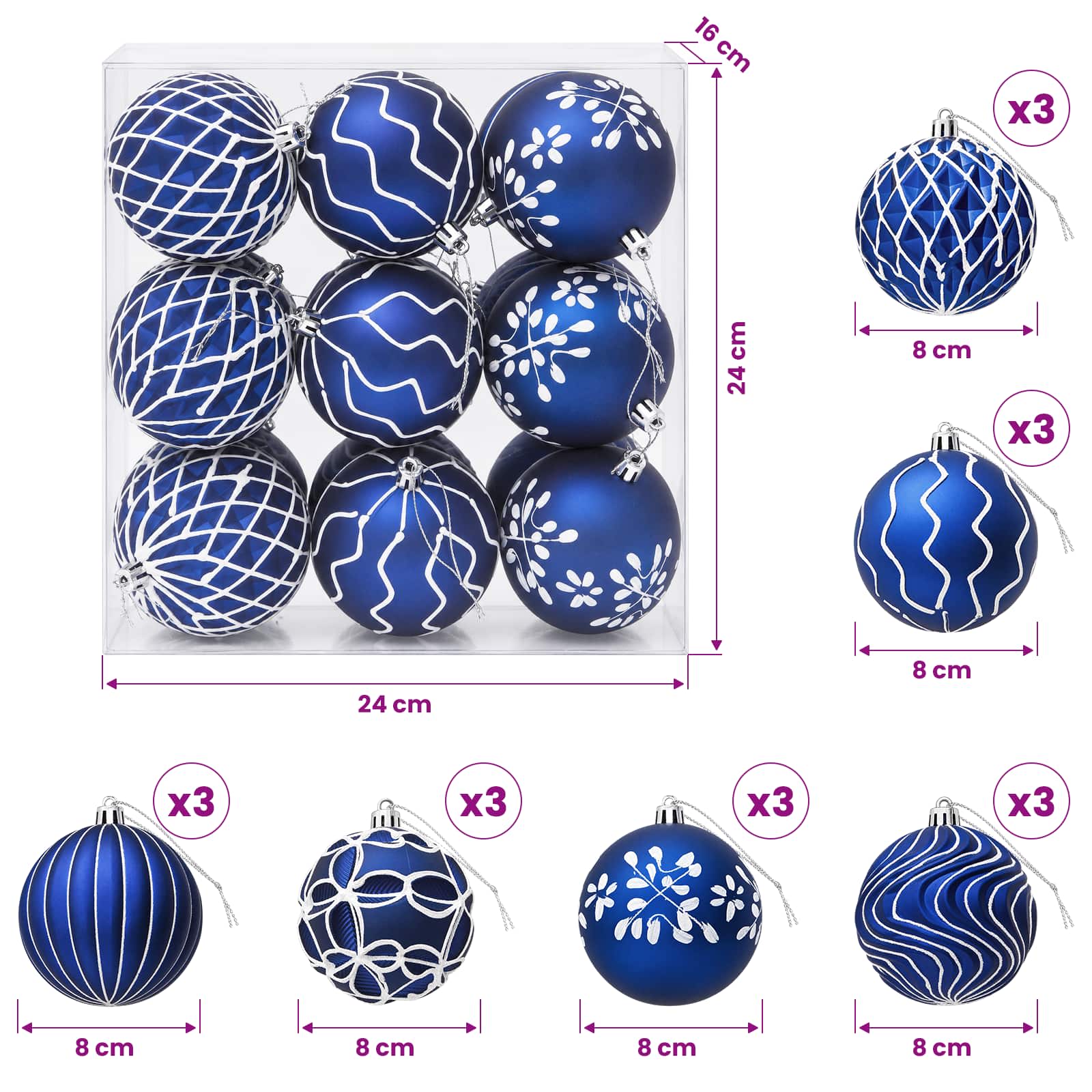 Set di palline di Natale XL 18 pz Blu e Bianco 8 cm Polistirolo