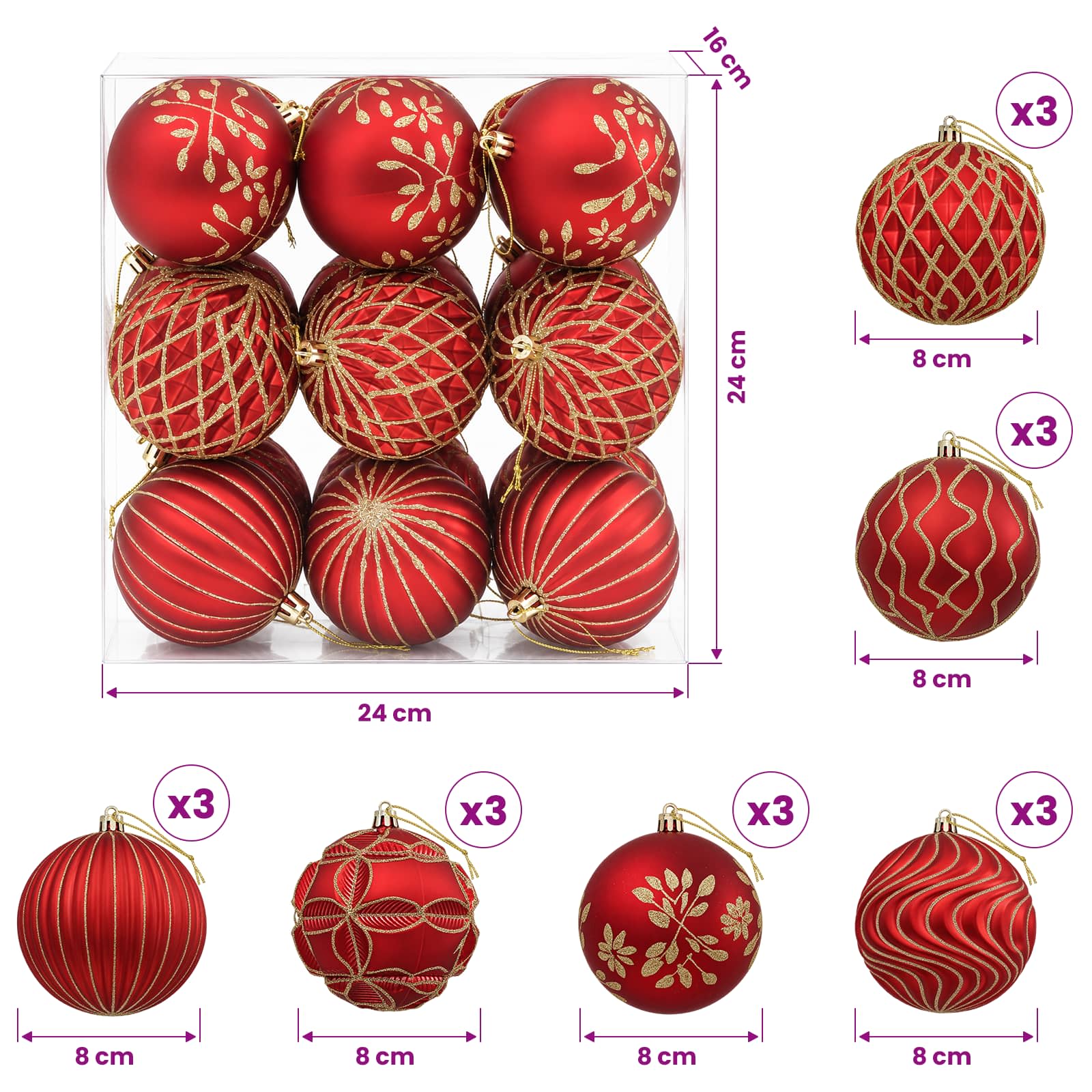 Set di palline di Natale XL 18 pz Rosso e Oro 8 cm Polistirolo