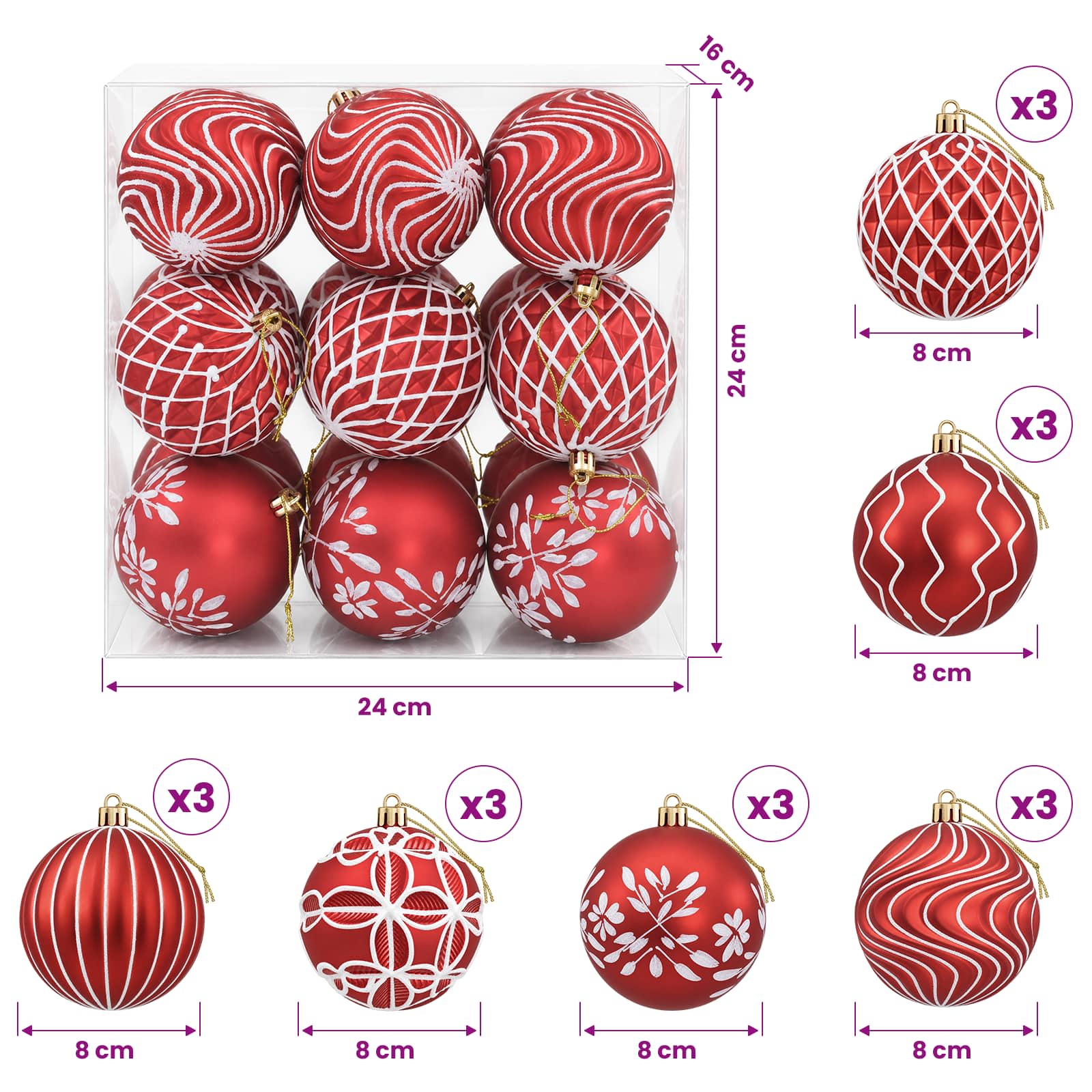 Set di palline di Natale XL 18 pz Rosso e Bianco 8 cm