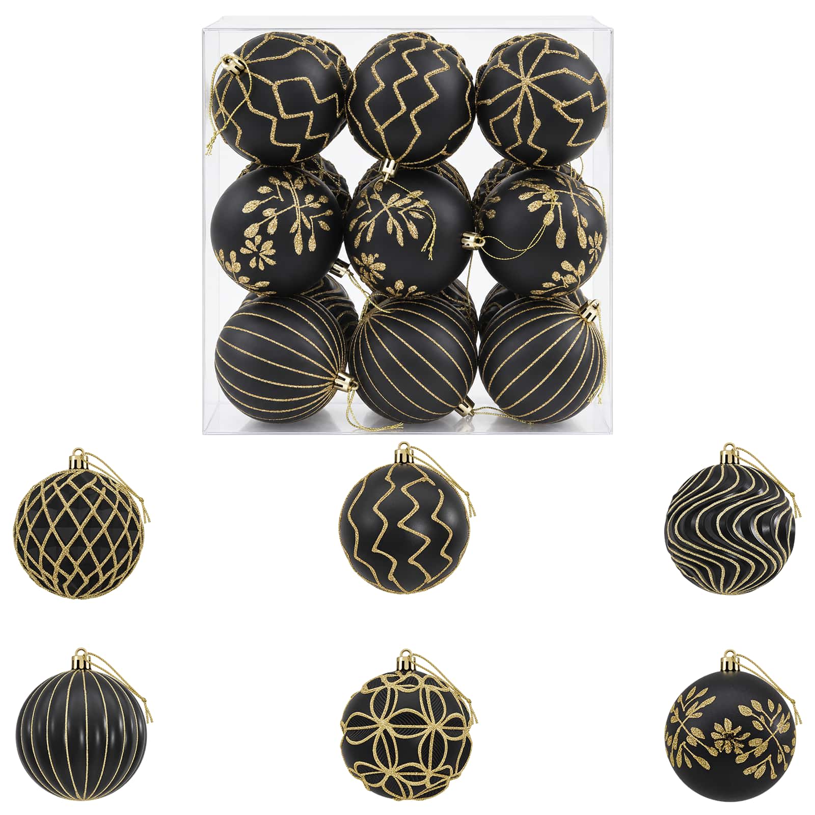 Set di palline di Natale XL 18 pz Nero e Oro 8 cm Polistirolo