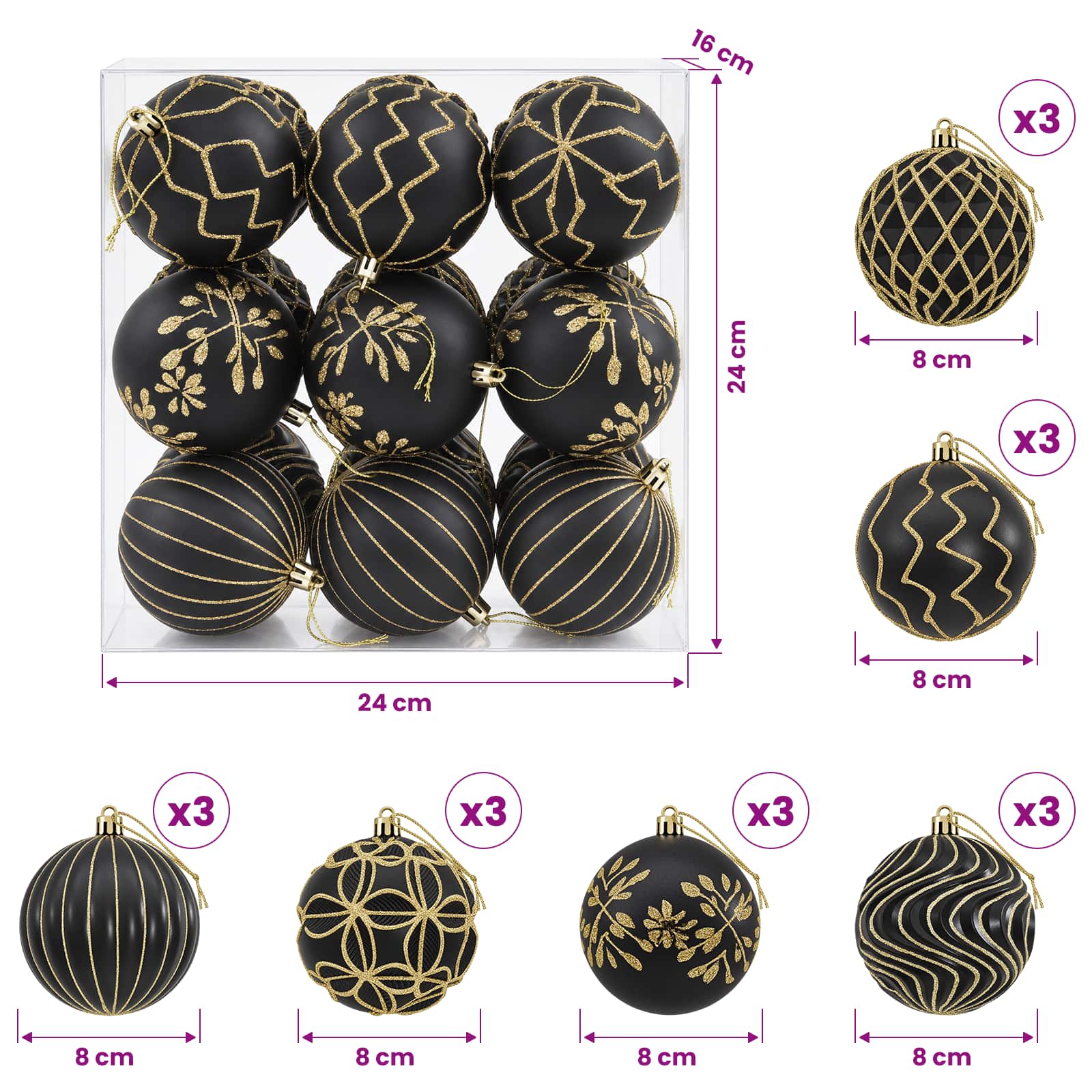 Set di palline di Natale XL 18 pz Nero e Oro 8 cm Polistirolo