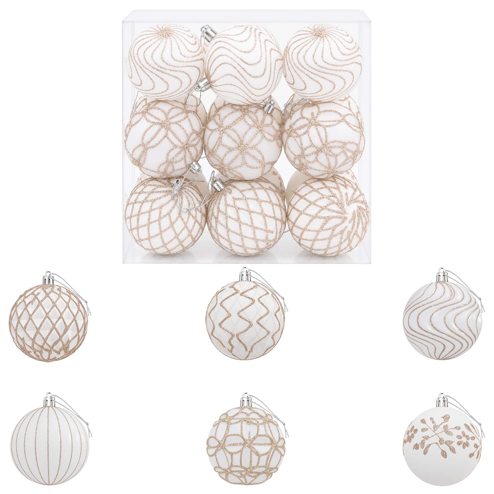 Set di palline di Natale XL 18 pz Bianco e Oro Rosa 8 cm