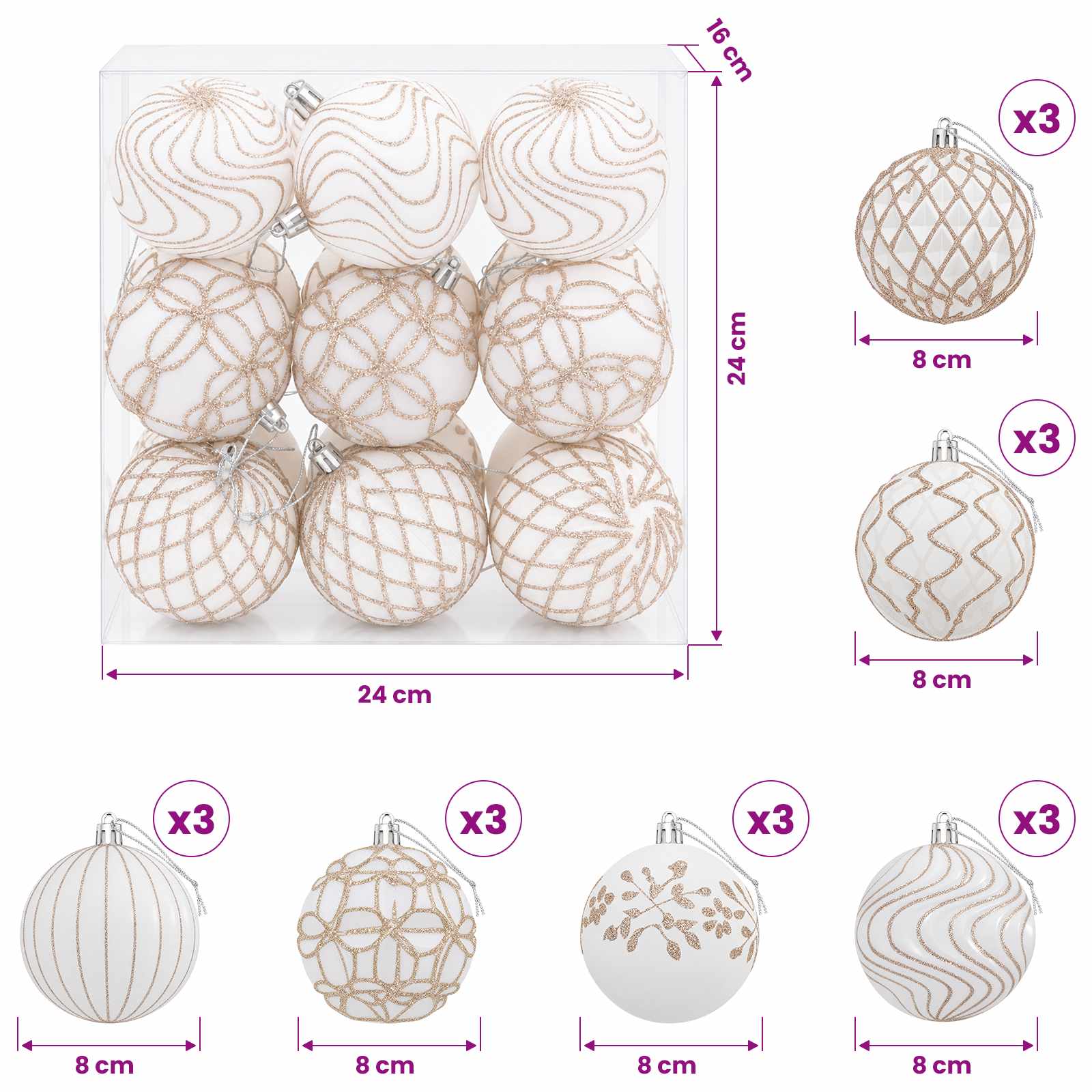Set di palline di Natale XL 18 pz Bianco e Oro Rosa 8 cm