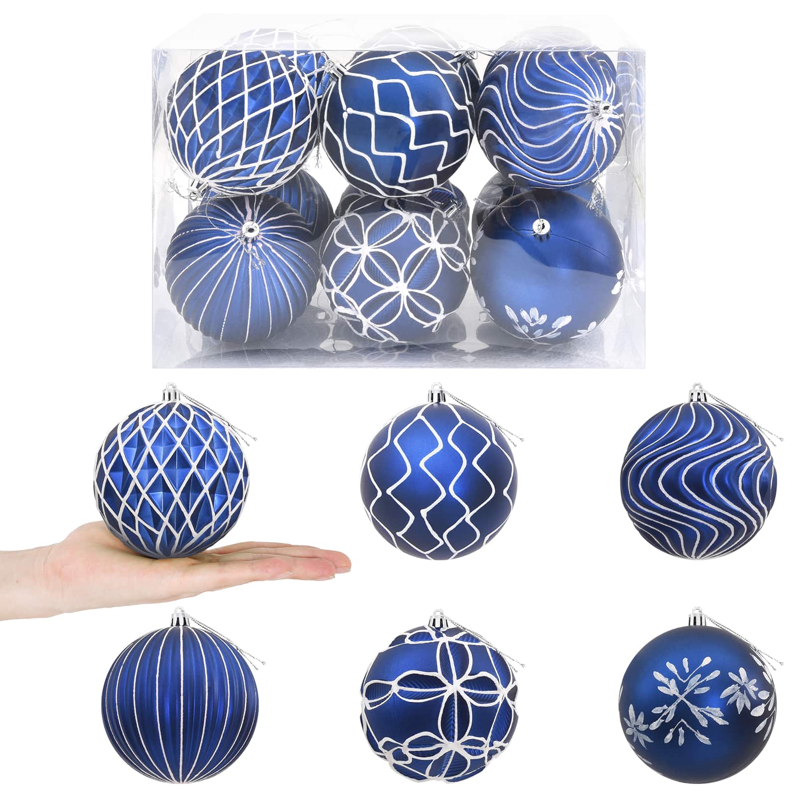 Set di palline di Natale XL 12 pz Blu e Bianco 10 cm