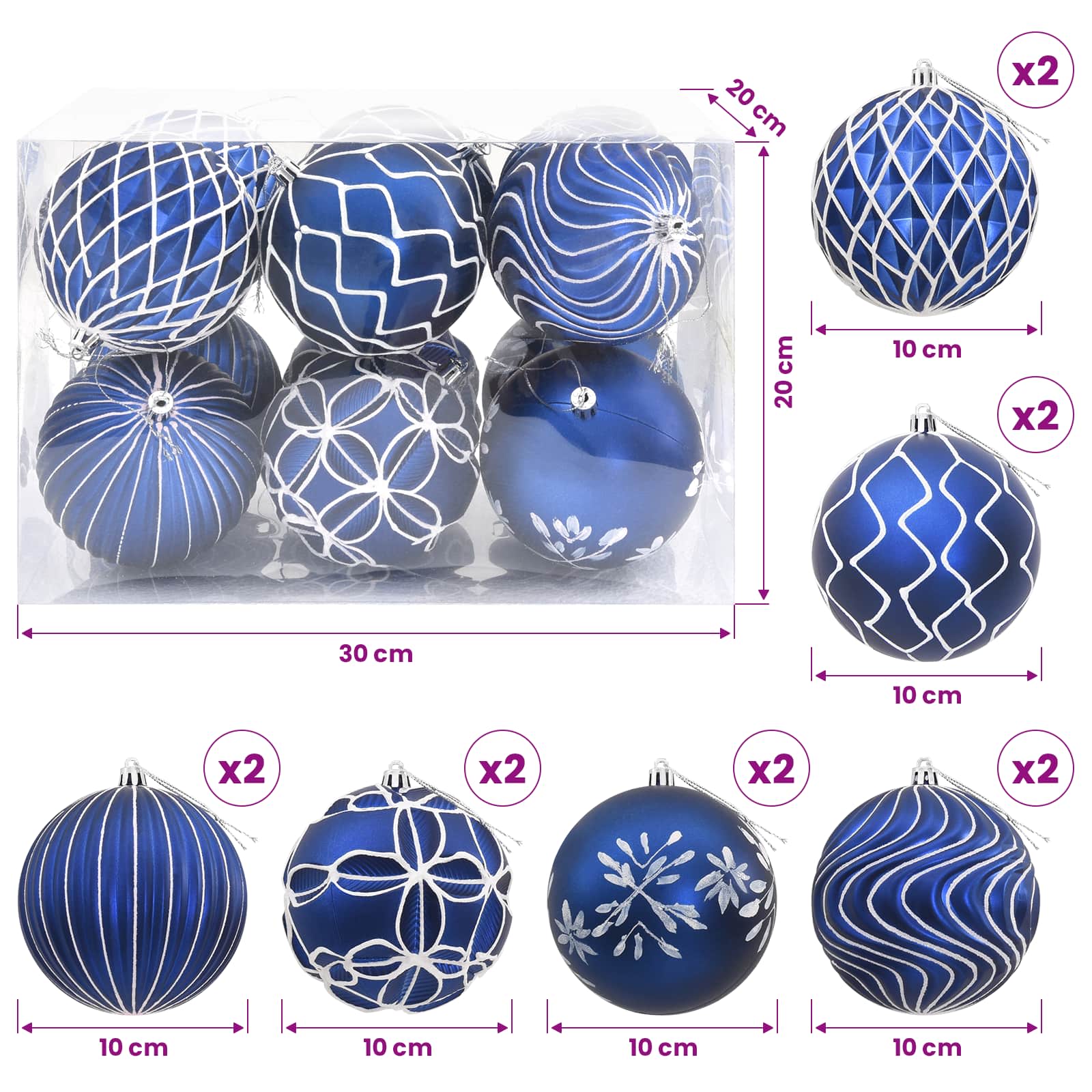 Set di palline di Natale XL 12 pz Blu e Bianco 10 cm