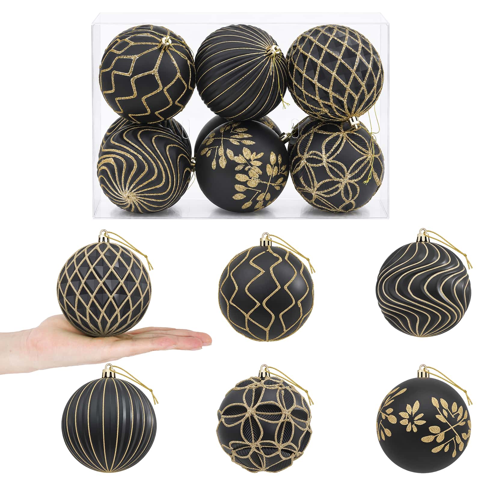 Set di palline di Natale XL 12 pz Nero e Oro 10 cm Polistirolo