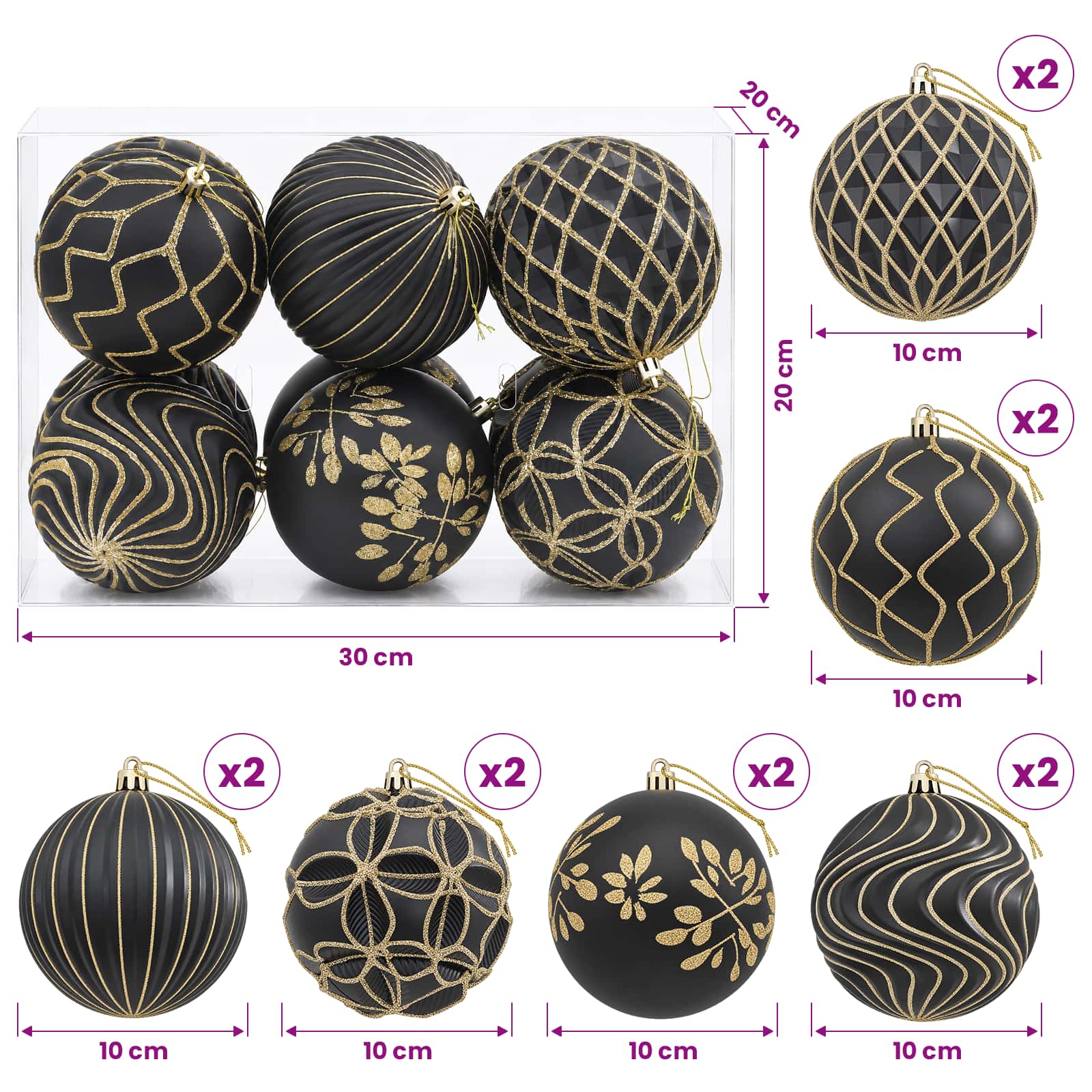 Set di palline di Natale XL 12 pz Nero e Oro 10 cm Polistirolo