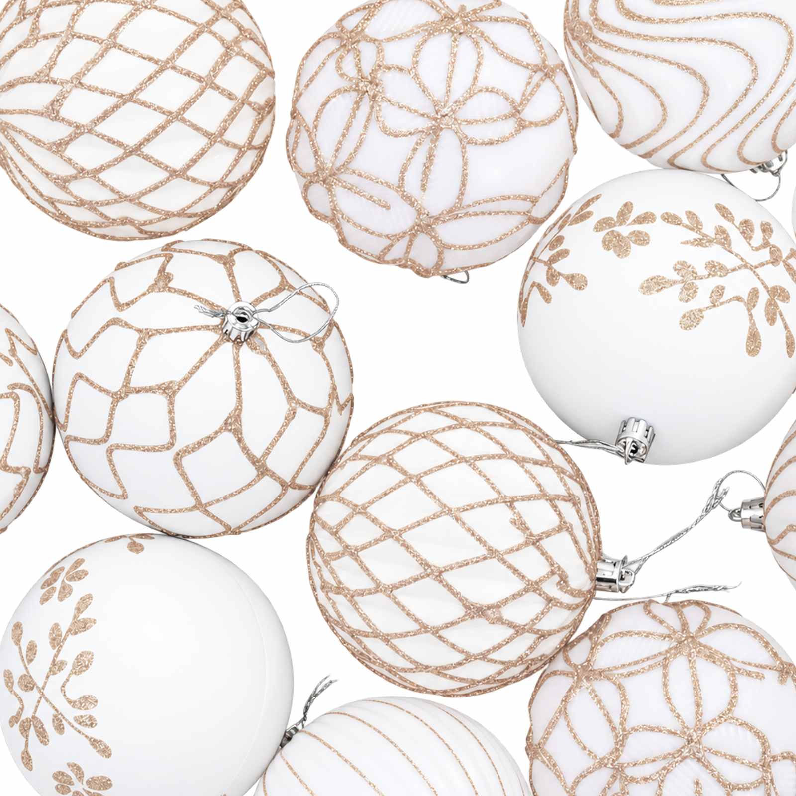Set di palline di Natale XL 12 pz Bianco e Oro Rosa 10 cm