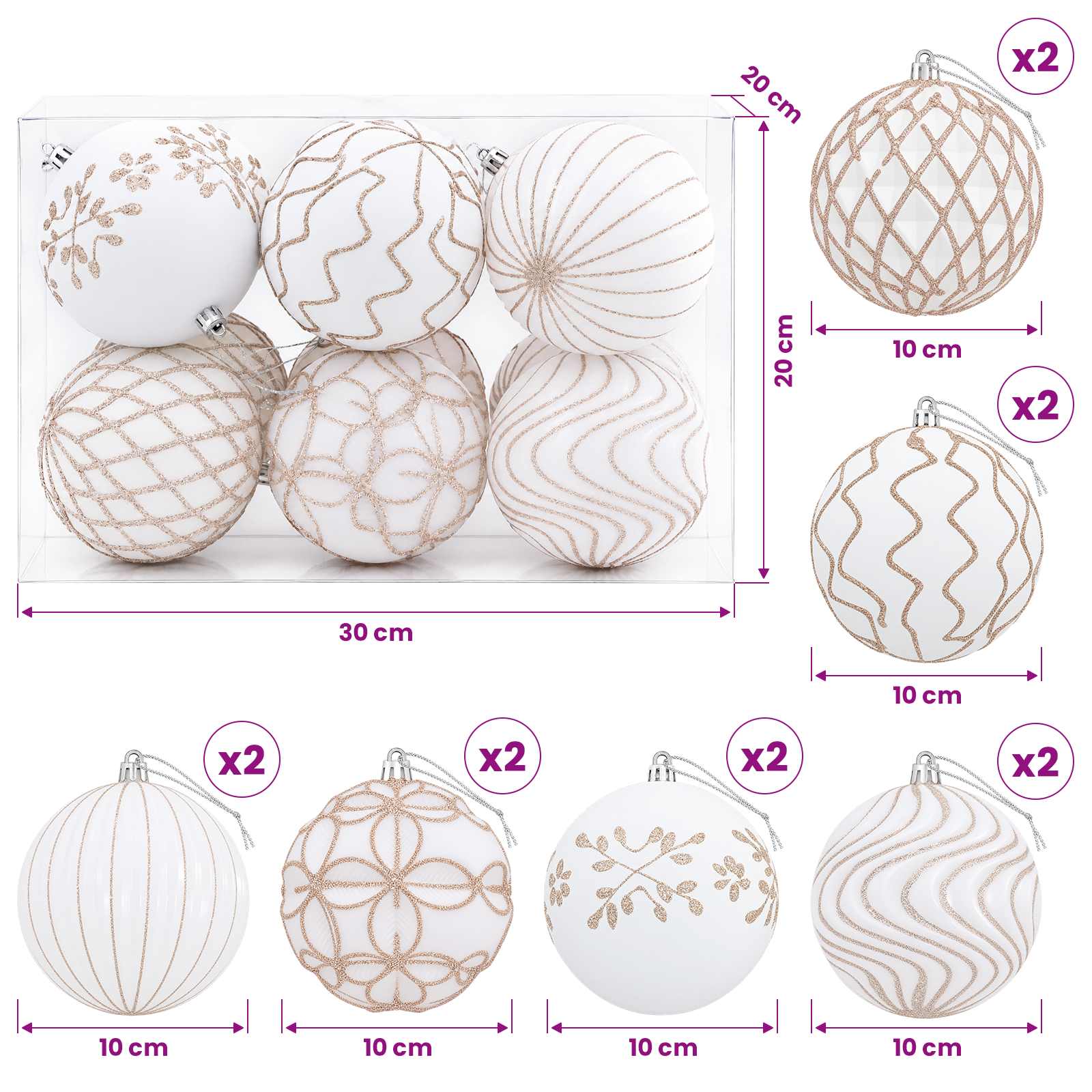Set di palline di Natale XL 12 pz Bianco e Oro Rosa 10 cm