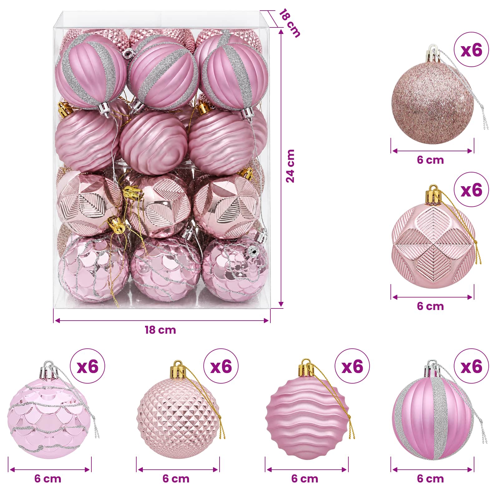 Set di Palline di Natale 36 pz Rosa 6 cm Polistirolo
