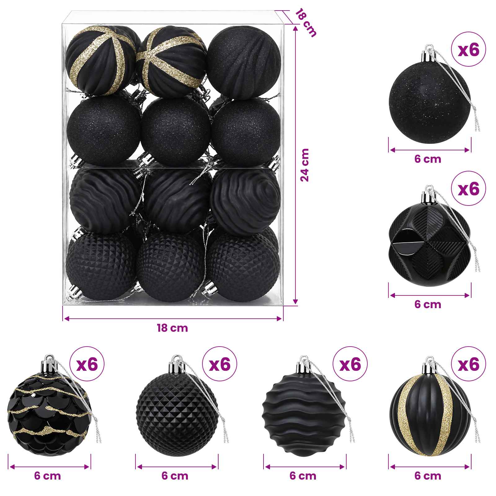 Set di Palline di Natale 36 pz Nero 6 cm Polistirolo