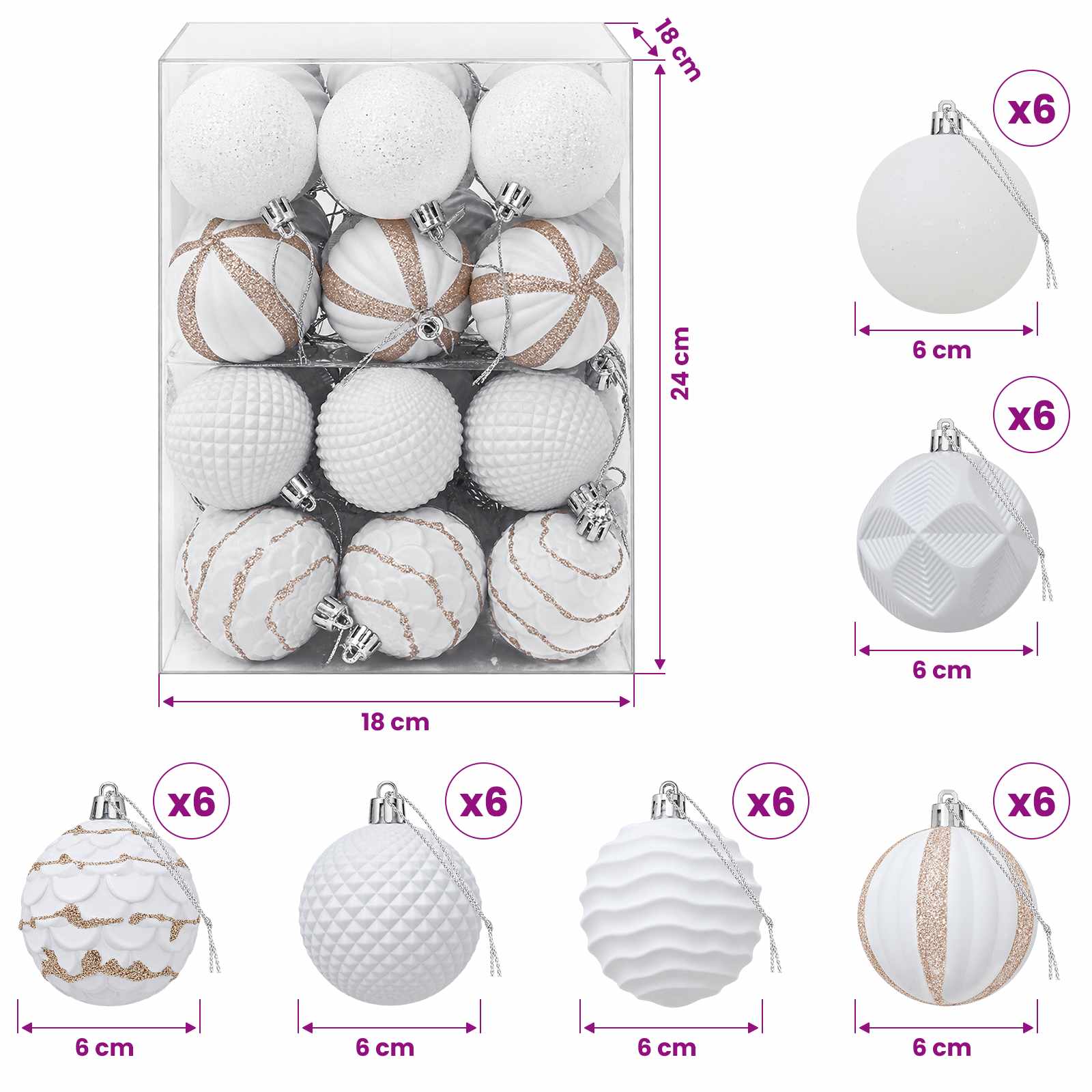 Set di Palline di Natale 36 pz Bianco 6 cm Polistirolo