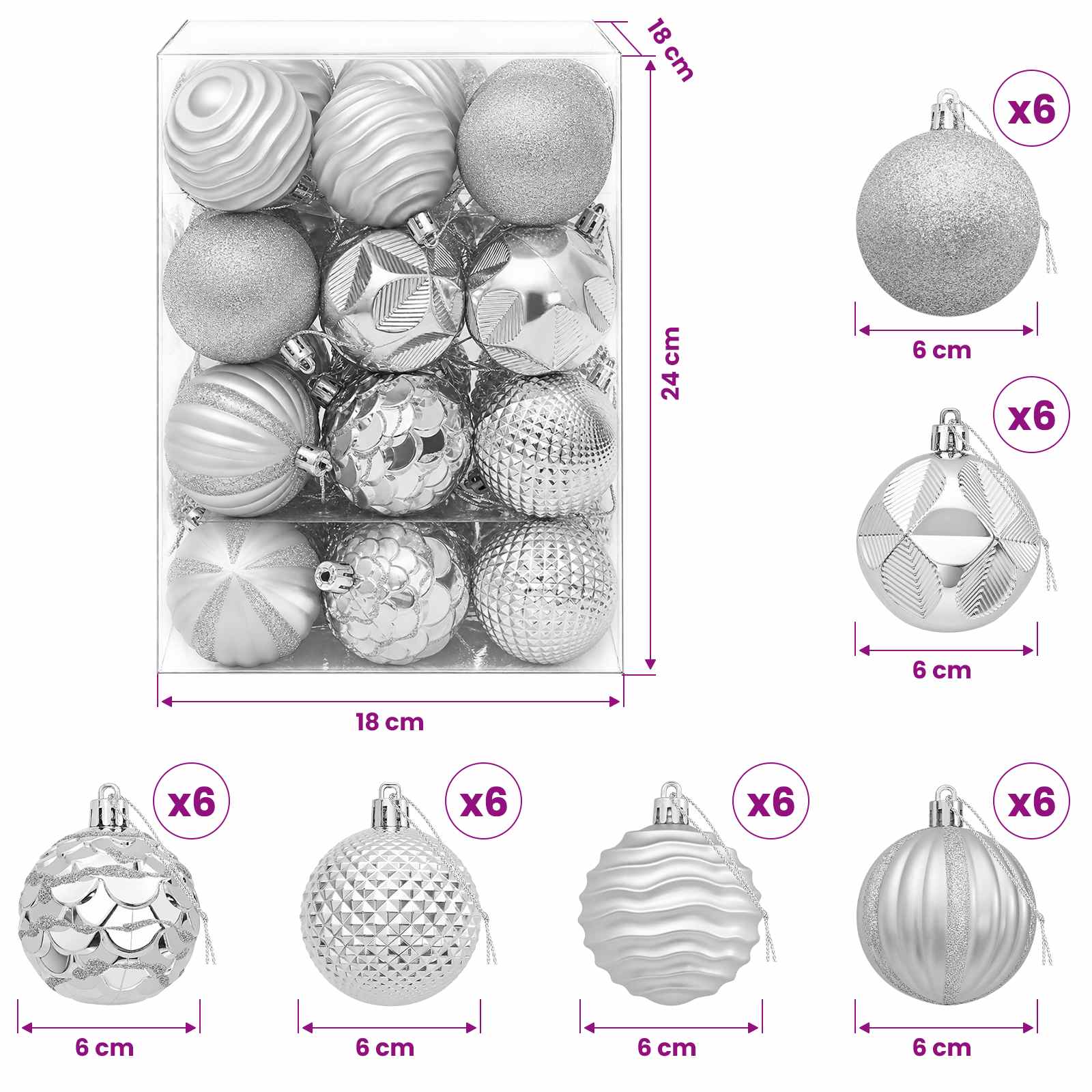 Set di Palline di Natale 36 pz Argento 6 cm Polistirolo