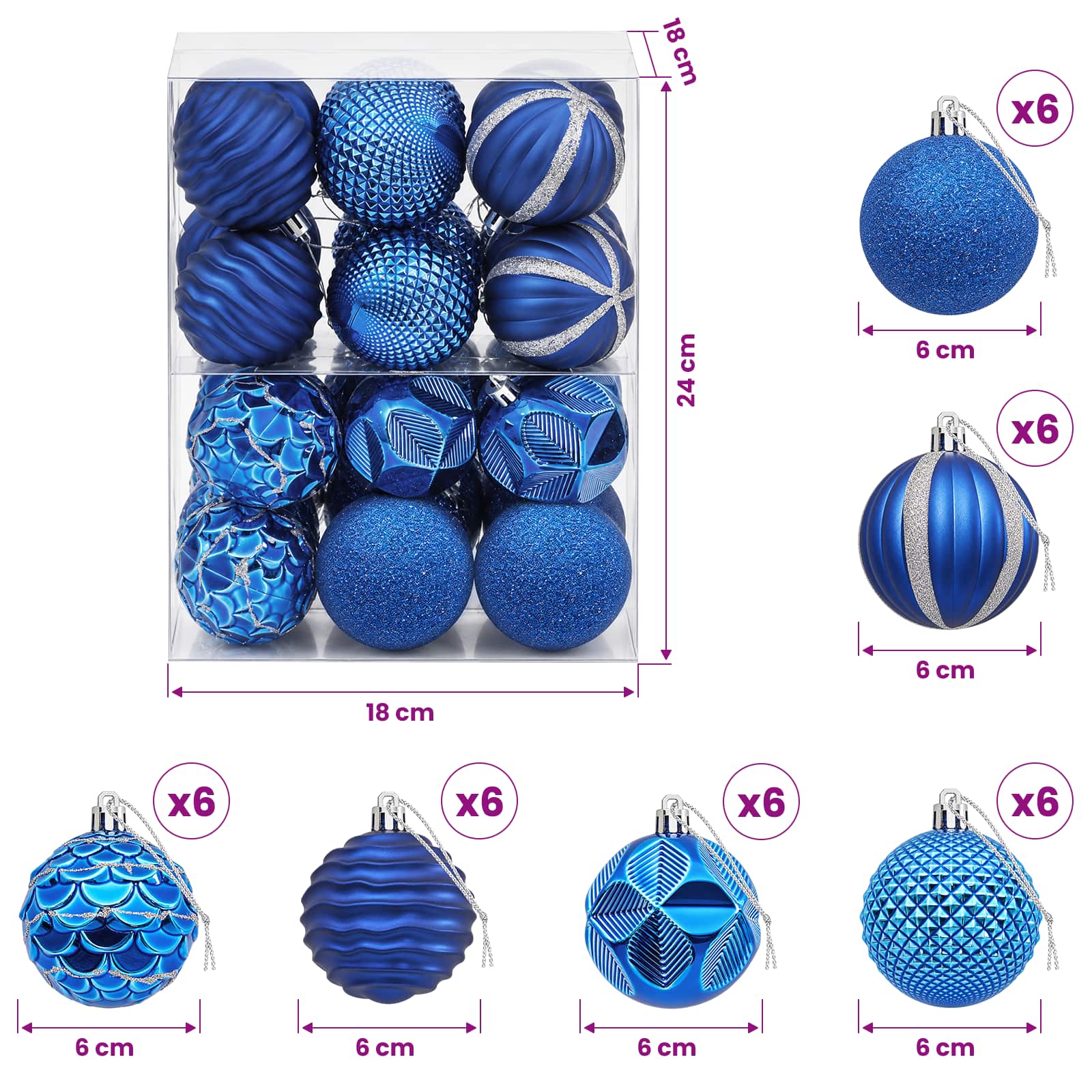 Set di Palline di Natale 36 pz Blu 6 cm Polistirolo
